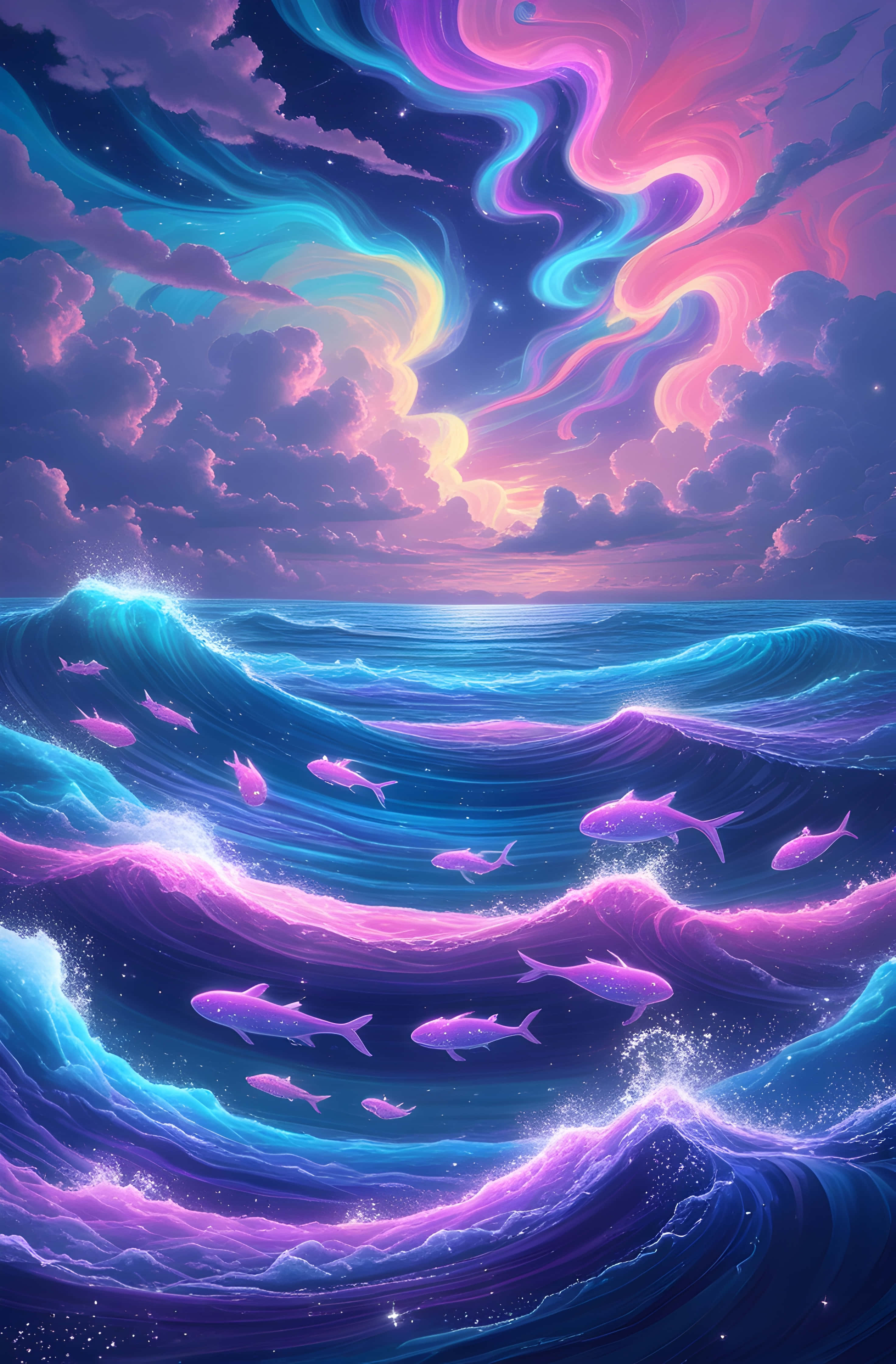 Aurora Beneath the Waves, neon waves, swirling cosmic sky, 4K Phone Wallpaper