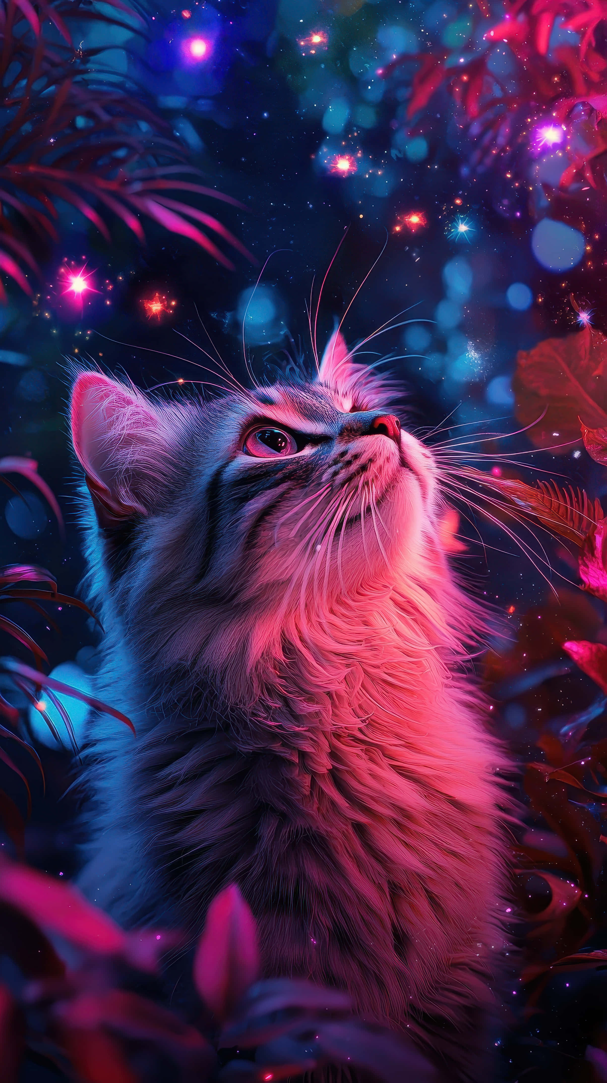 fluffy gray cat, vibrant cosmic sky, glowing pink blue and purple stars, 4K Phone Wallpaper