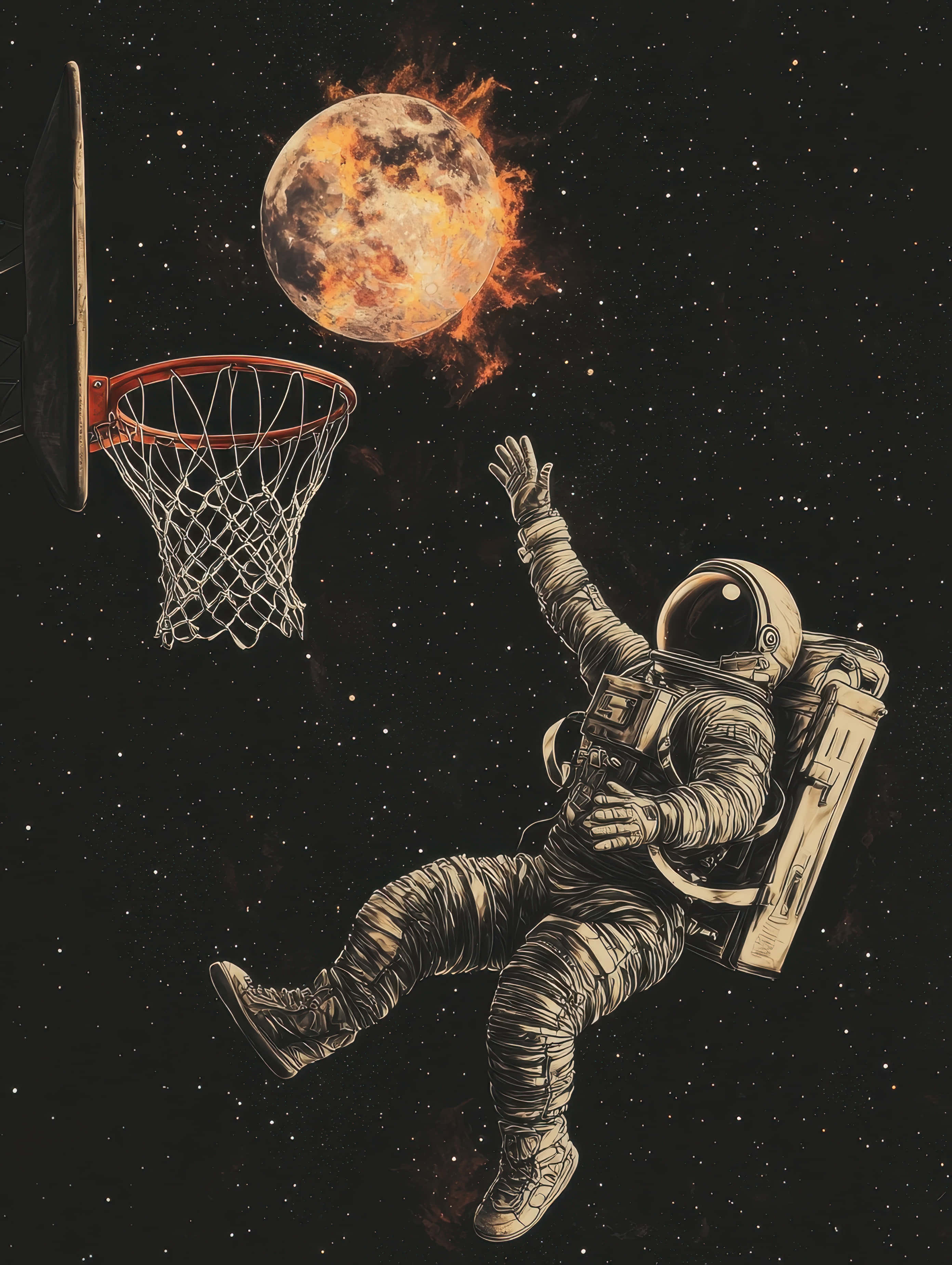 floating astronaut, basketball hoop, fiery moon, 2K Phone Wallpaper