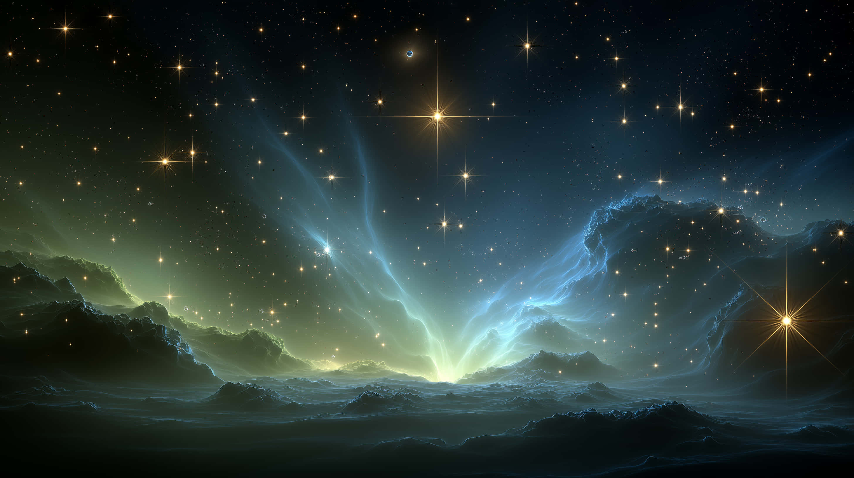 cosmic nebula, shimmering stars, glowing blue and green nebulae, 2K Desktop Wallpaper