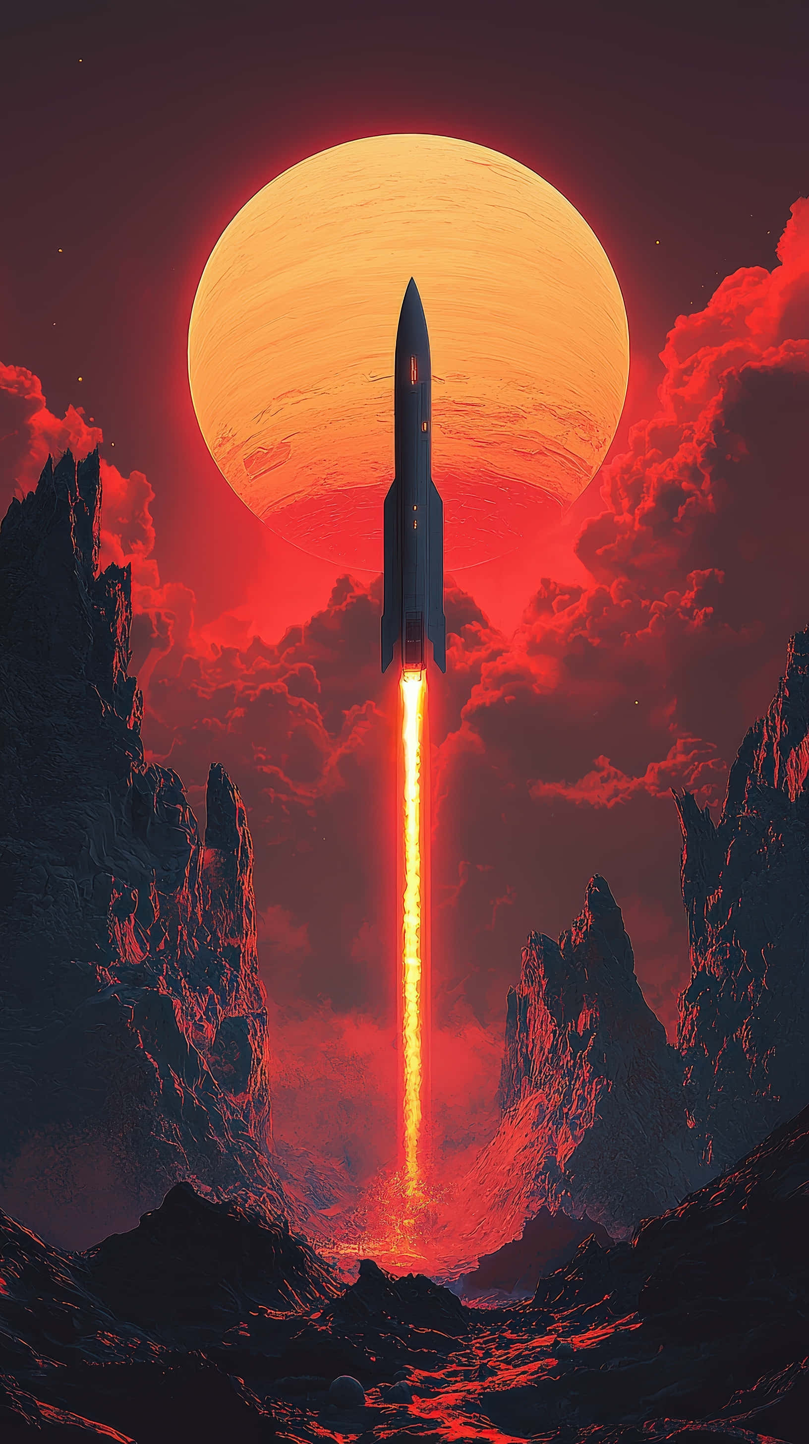 futuristic rocket, alien planet, massive sun, 2K Phone Wallpaper