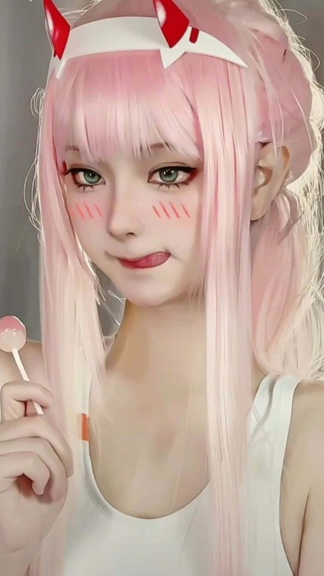 Cosplay Anime Kawaii, pink hair, red devil horns, Full HD Phone Wallpaper