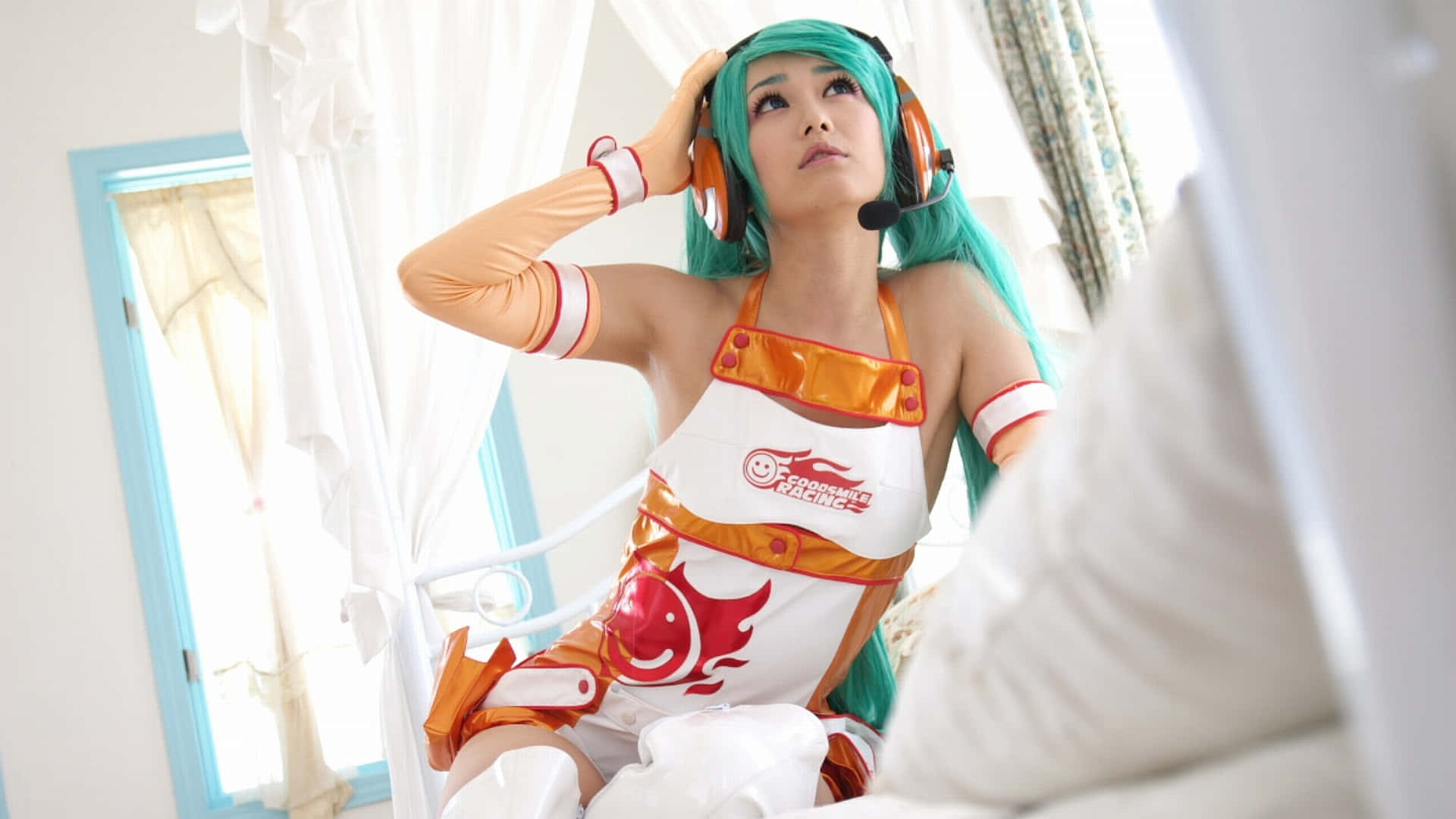cosplay anime kawaii, turquoise hair, headset, Full HD Desktop Wallpaper