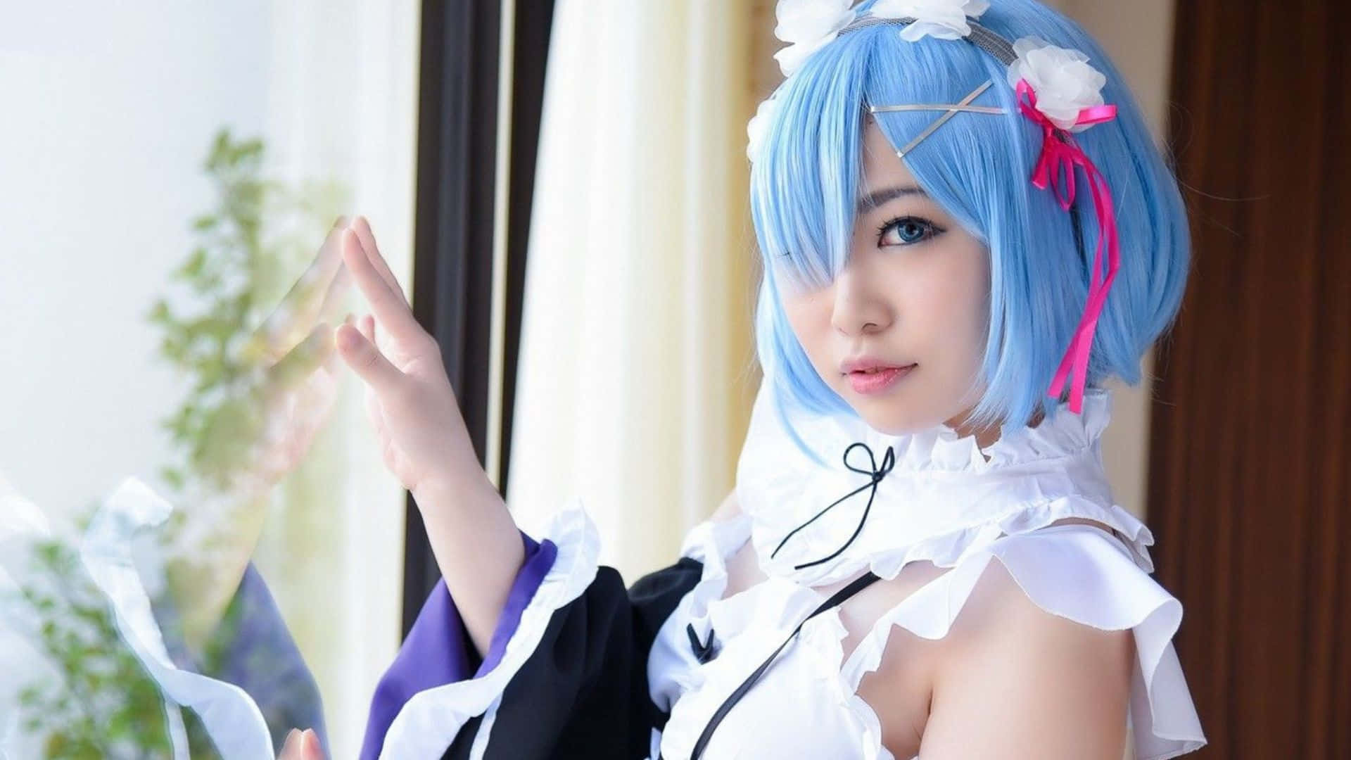 blue hair, maid outfit, window, Full HD Desktop Wallpaper