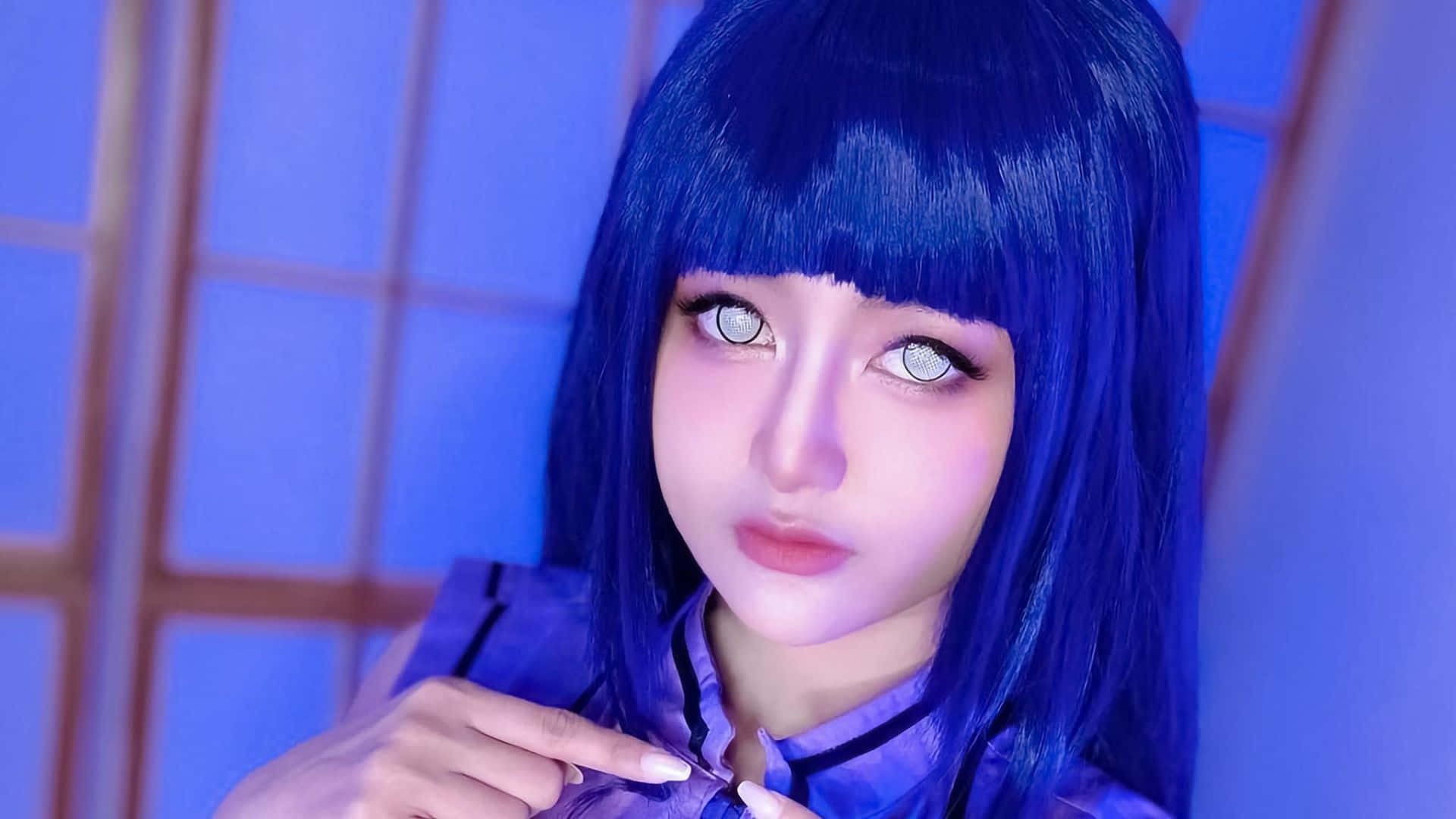 vibrant blue hair, glowing eyes, purple outfit, Full HD Desktop Wallpaper