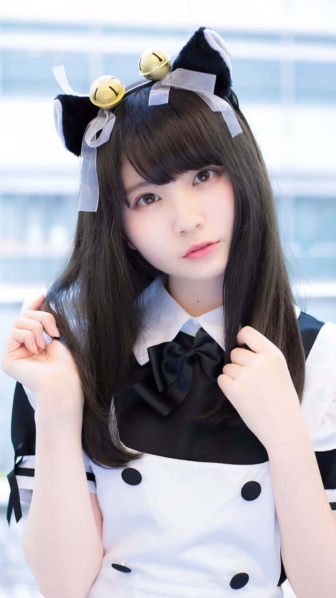 black and white maid outfit, cat ears, bells, Full HD Phone Wallpaper