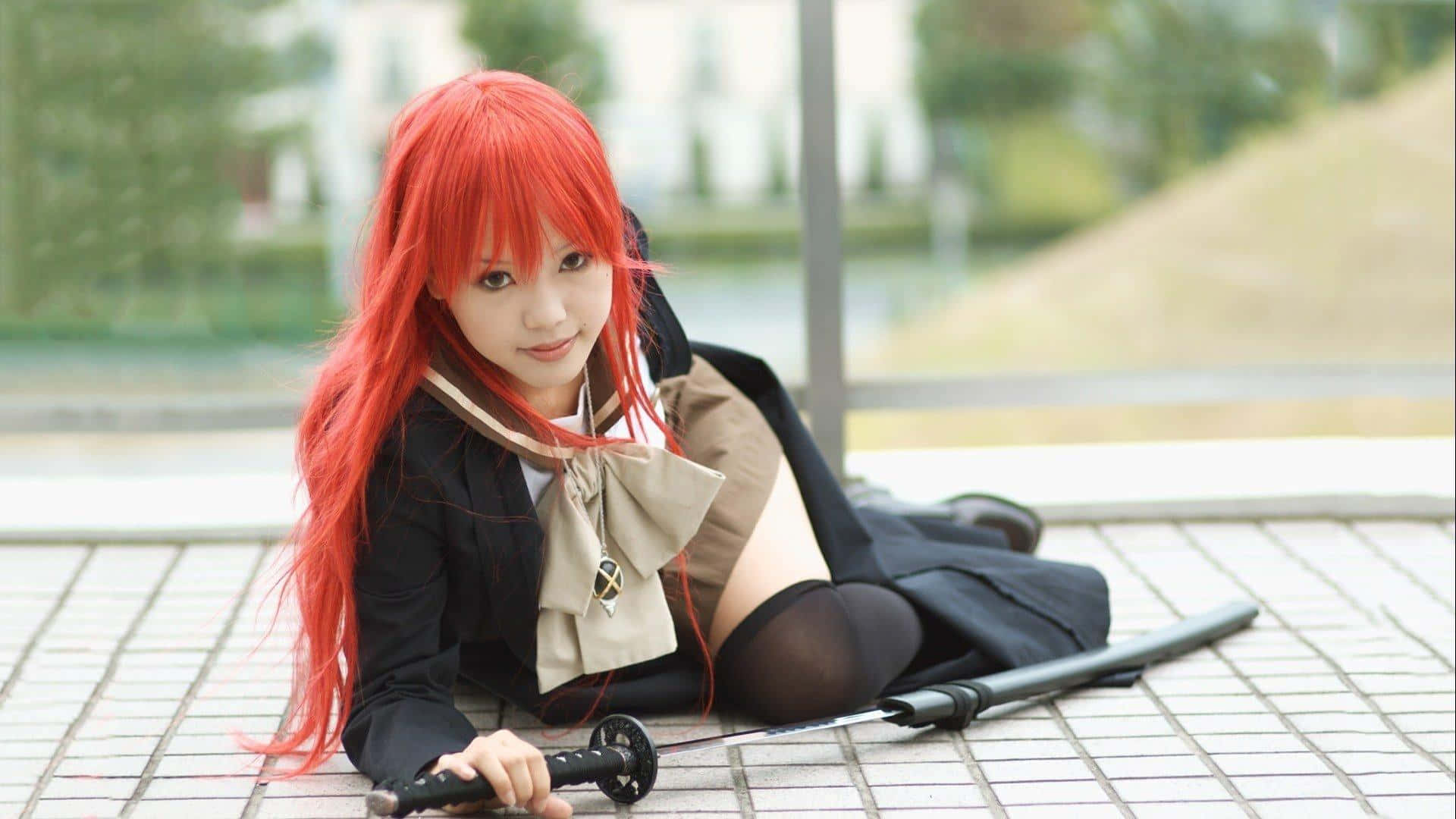 Cosplay Anime Kawaii, vibrant red hair, katana, Full HD Desktop Wallpaper