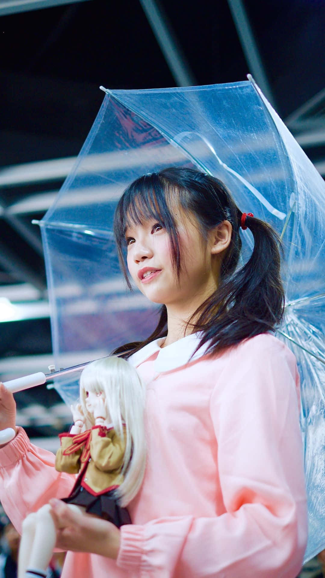 cosplay anime kawaii, pink hoodie, clear umbrella, Full HD Phone Wallpaper