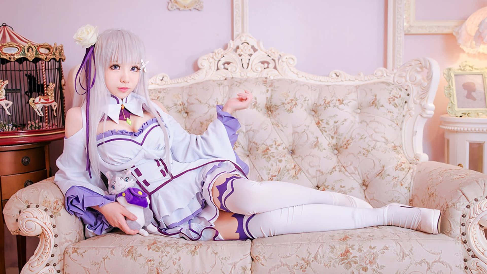 silver hair, purple accents, floral-patterned sofa, Full HD Desktop Wallpaper