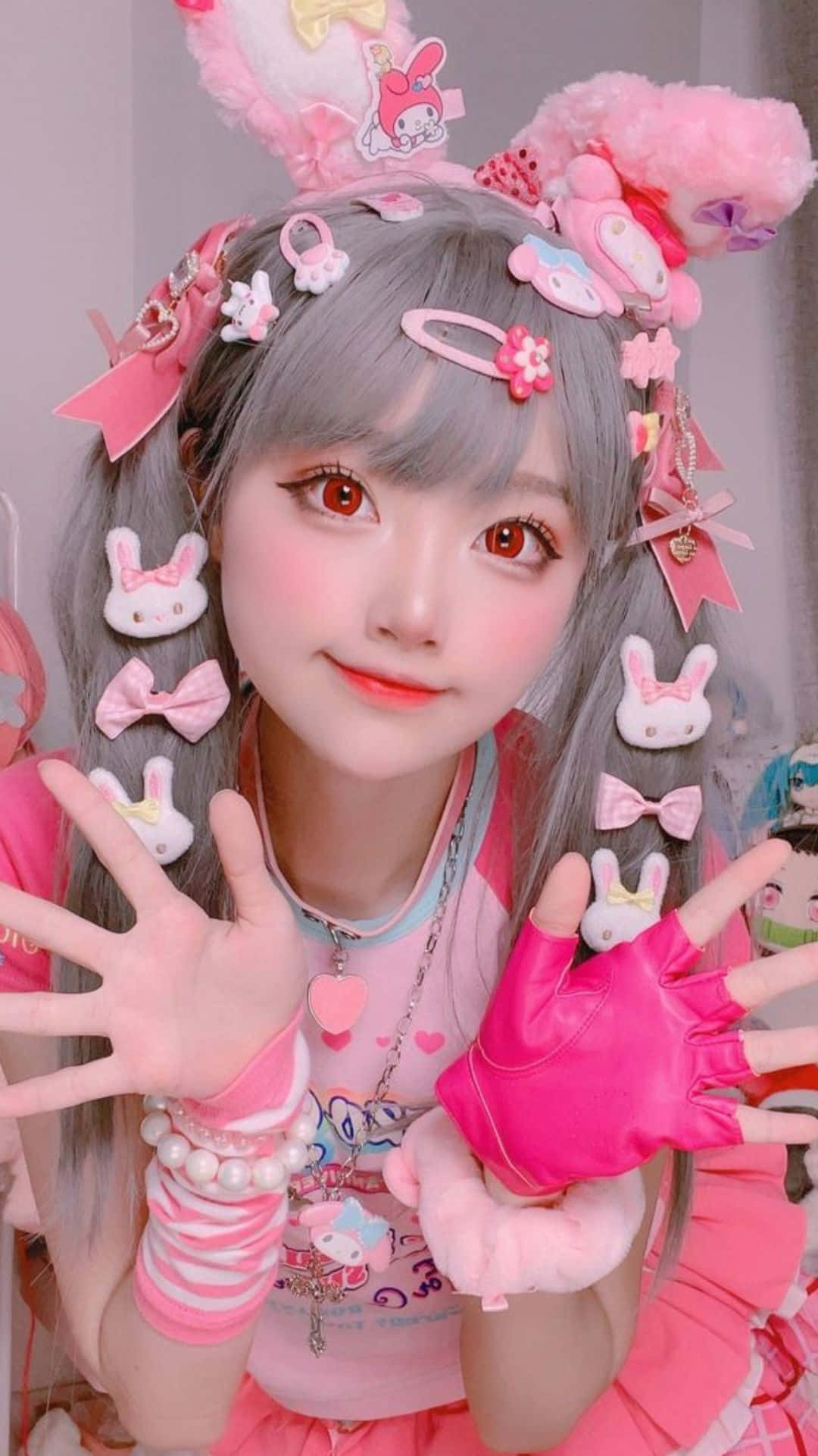 gray hair, pink accessories, kawaii-themed outfit, Full HD Phone Wallpaper