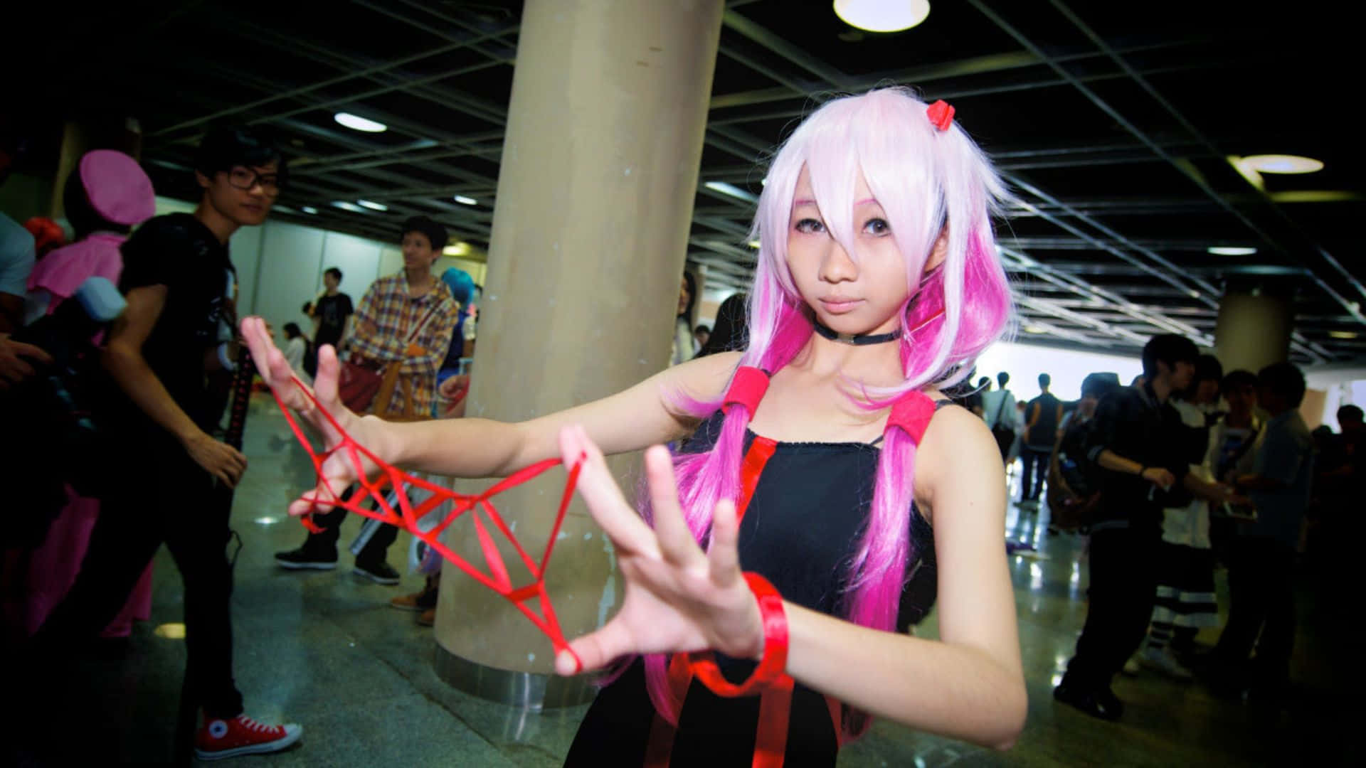pink hair, red ribbons, indoor convention hall, Full HD Desktop Wallpaper