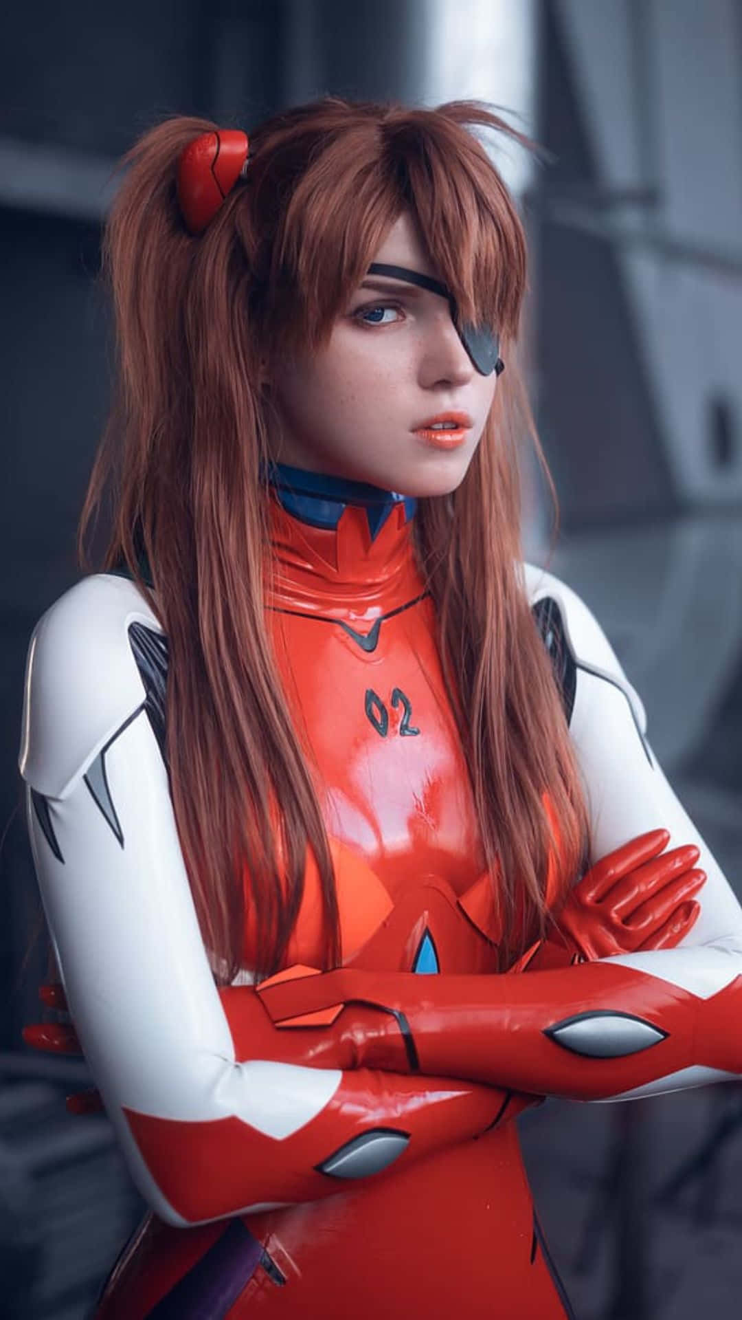 red pigtails, eyepatch, red and white armored suit, Full HD Phone Wallpaper
