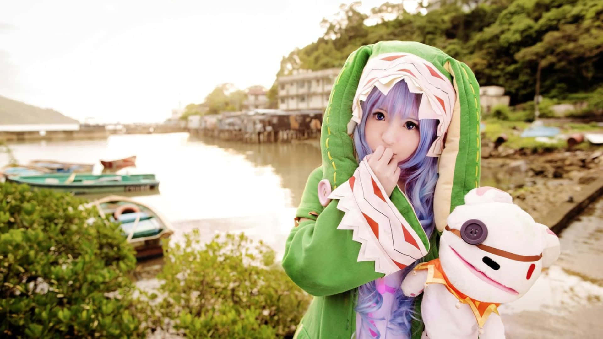 green dinosaur hoodie, purple wig, river, Full HD Desktop Wallpaper