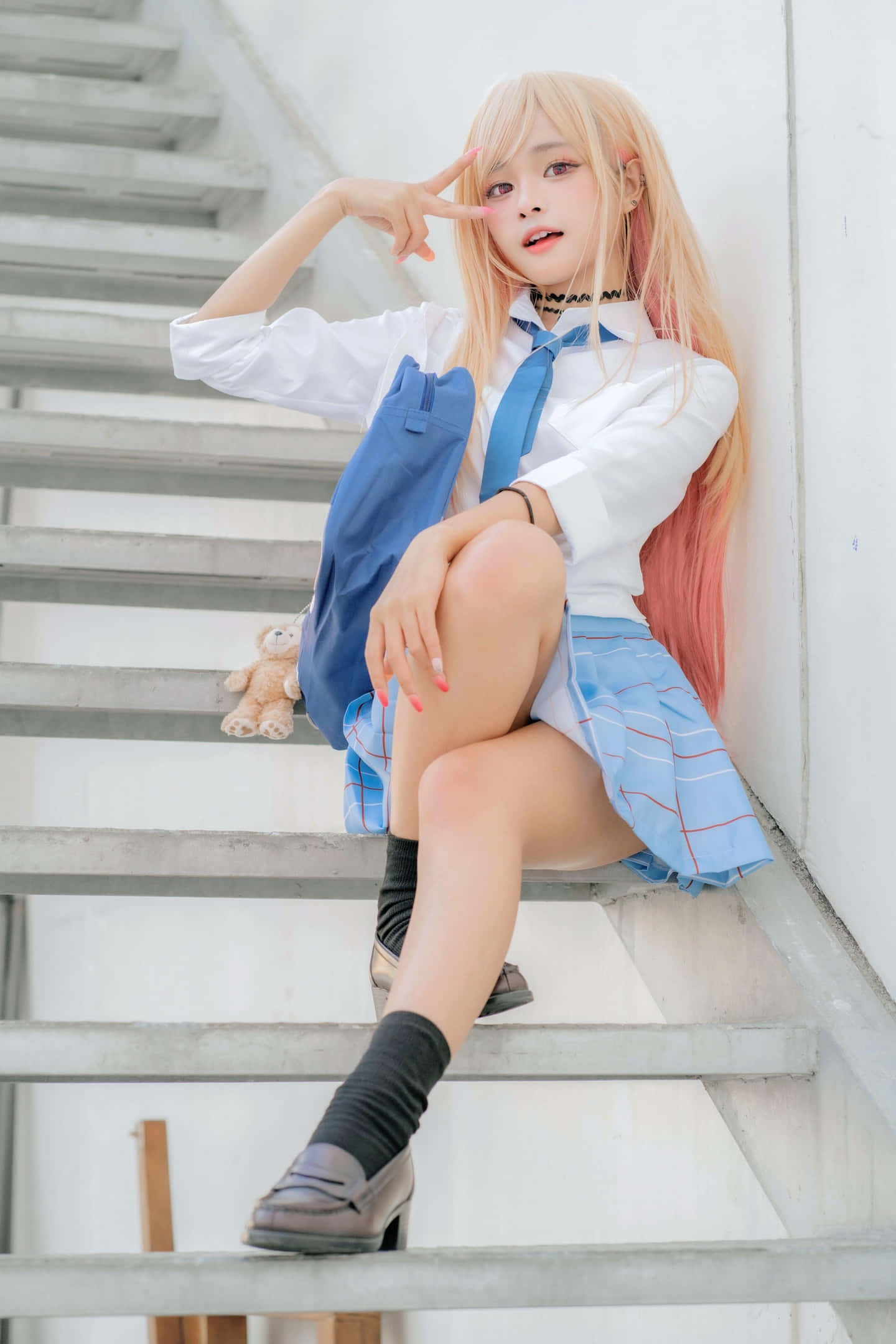 blonde anime girl, blue school uniform, concrete stairs, Full HD Phone Wallpaper