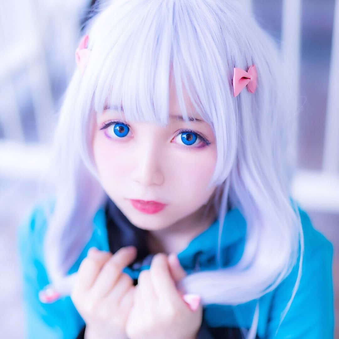 pale silver hair, bright blue eyes, pink bows, SD Desktop Wallpaper