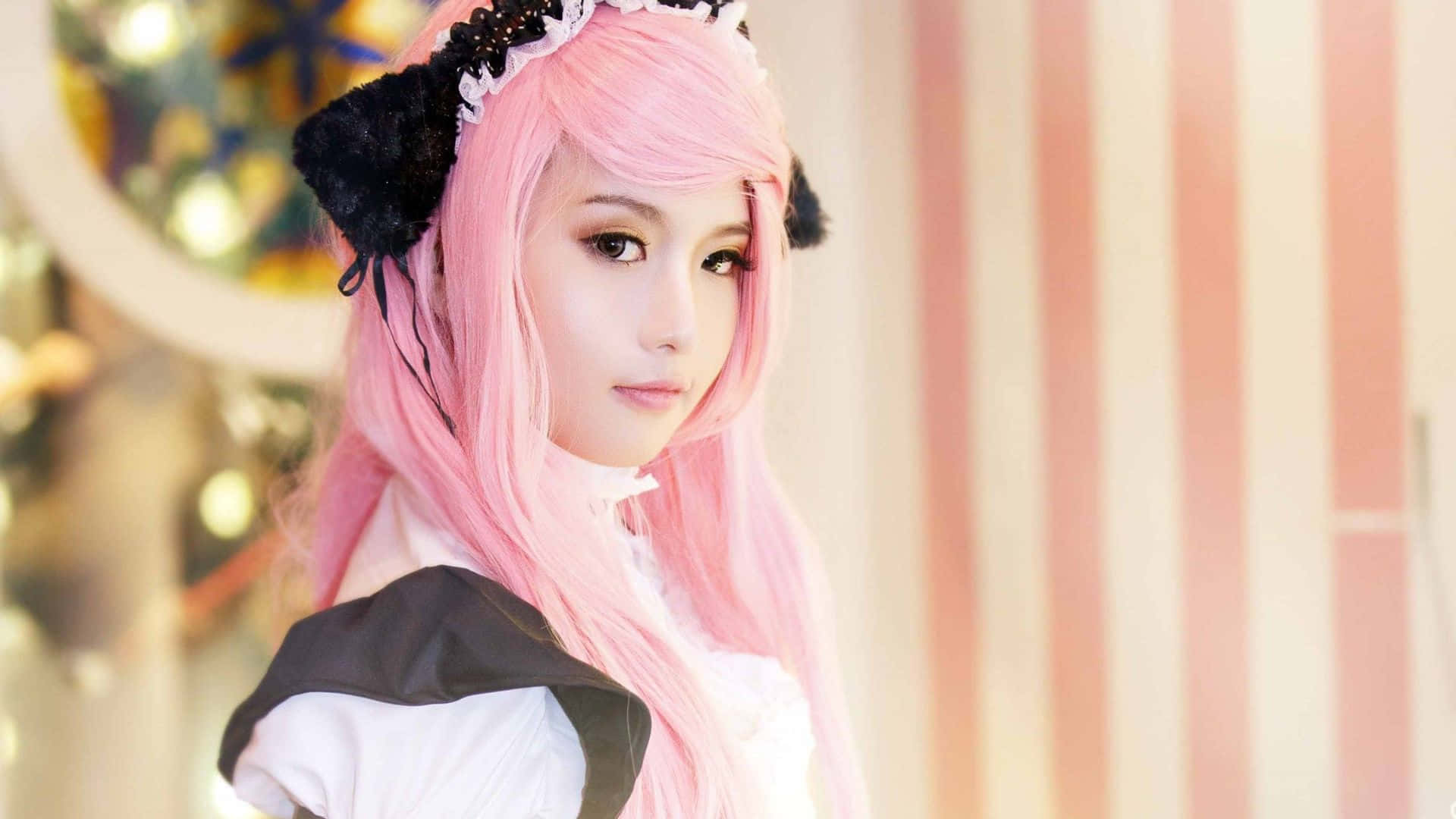 cosplay anime kawaii, pink hair, black cat ears, Full HD Desktop Wallpaper