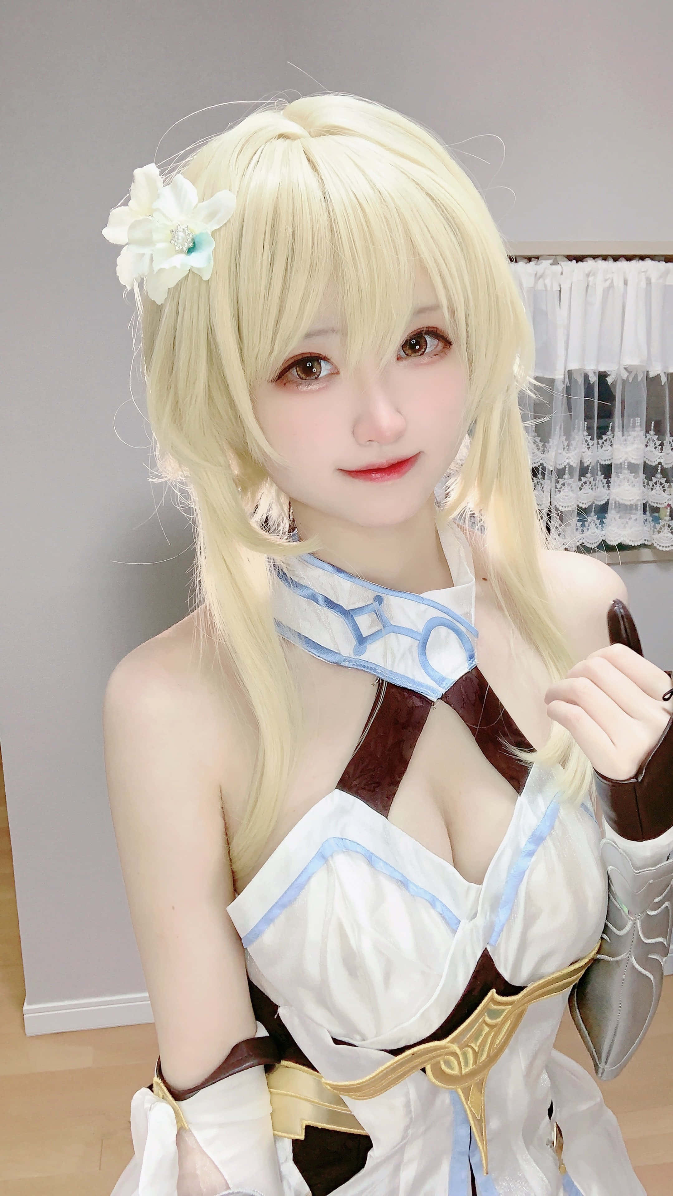 cosplay anime kawaii, long blonde hair, white floral accessory, 4K Phone Wallpaper
