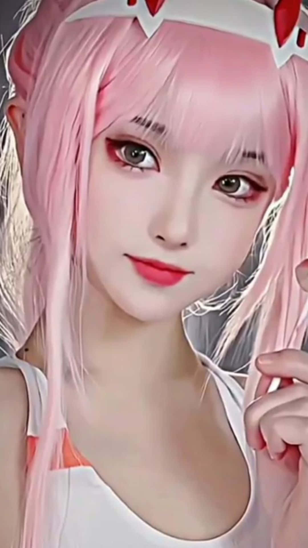 pink hair, white crown with red accents, white top, Full HD Phone Wallpaper