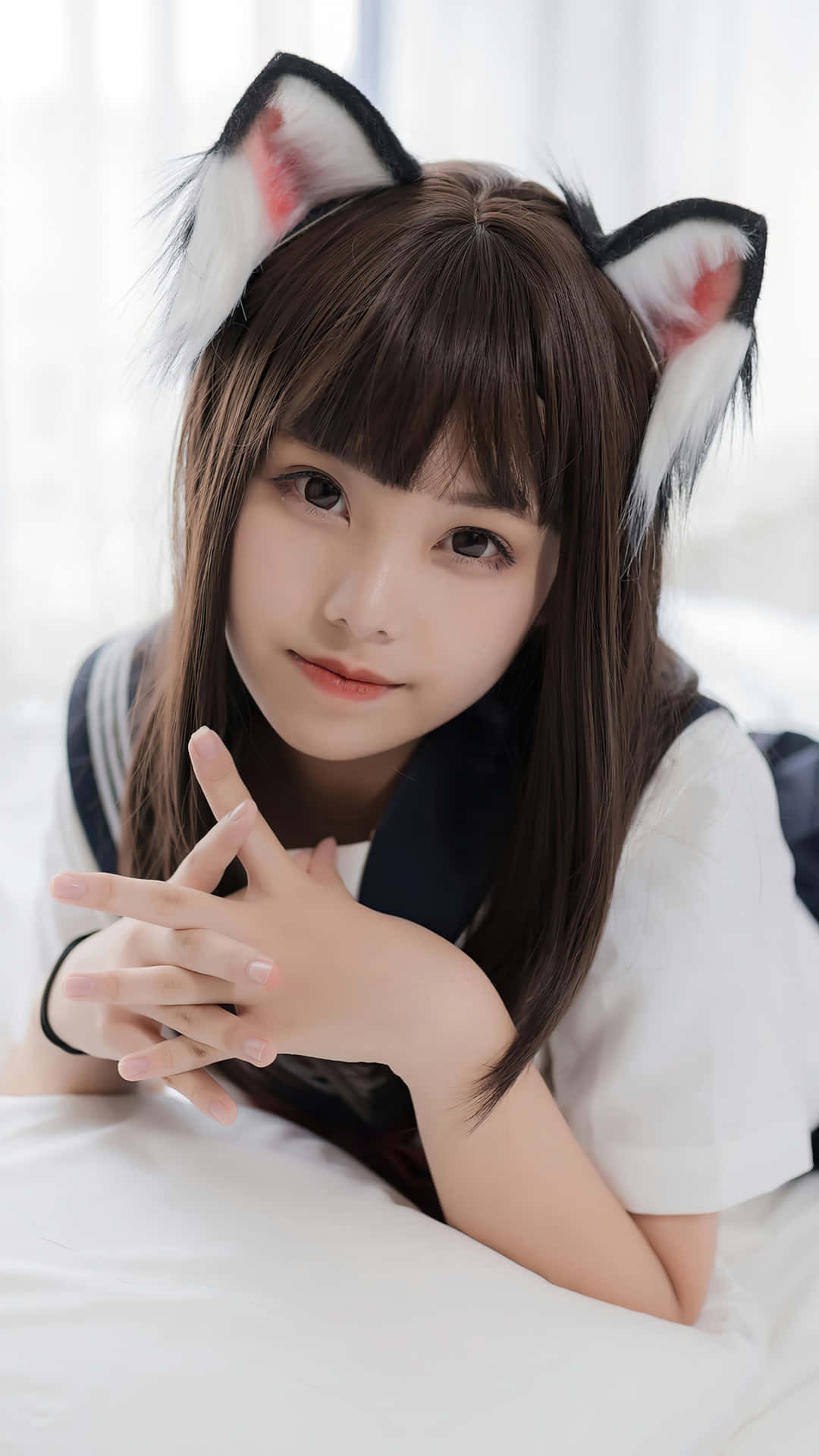 Cosplay Anime Kawaii, fox ears, white bed, Full HD Phone Wallpaper