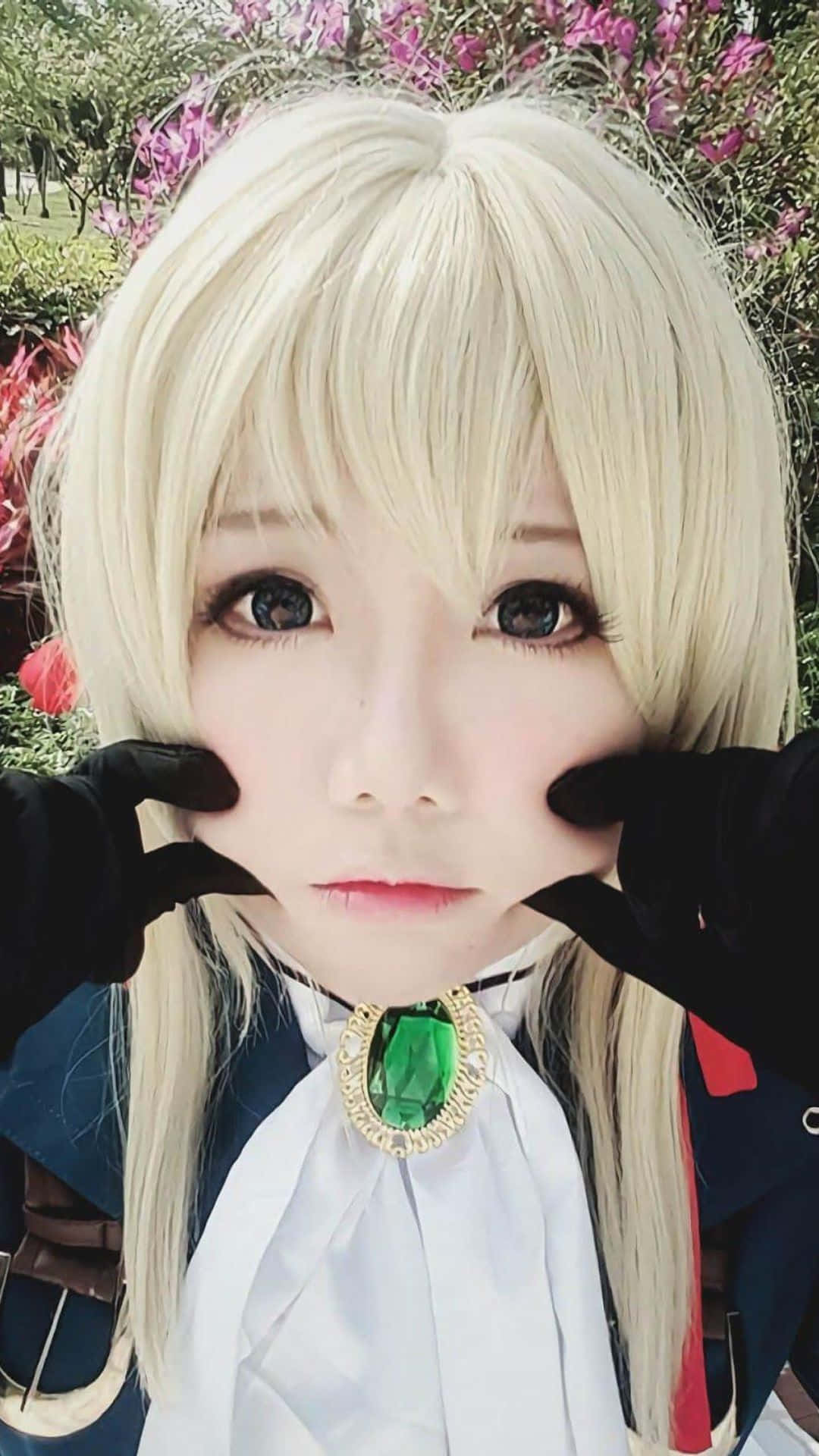 platinum blonde hair, green gem brooch, gloved hands, Full HD Phone Wallpaper