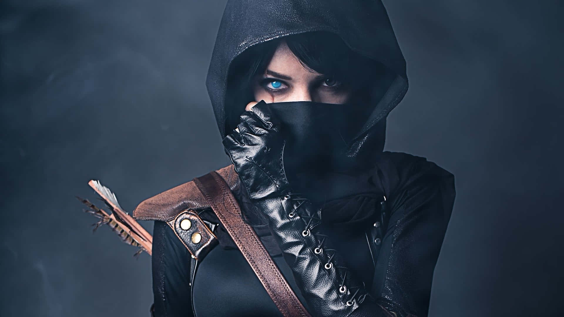 Cosplay Anime Kawaii, hooded archer, glowing blue eyes, Full HD Desktop Wallpaper