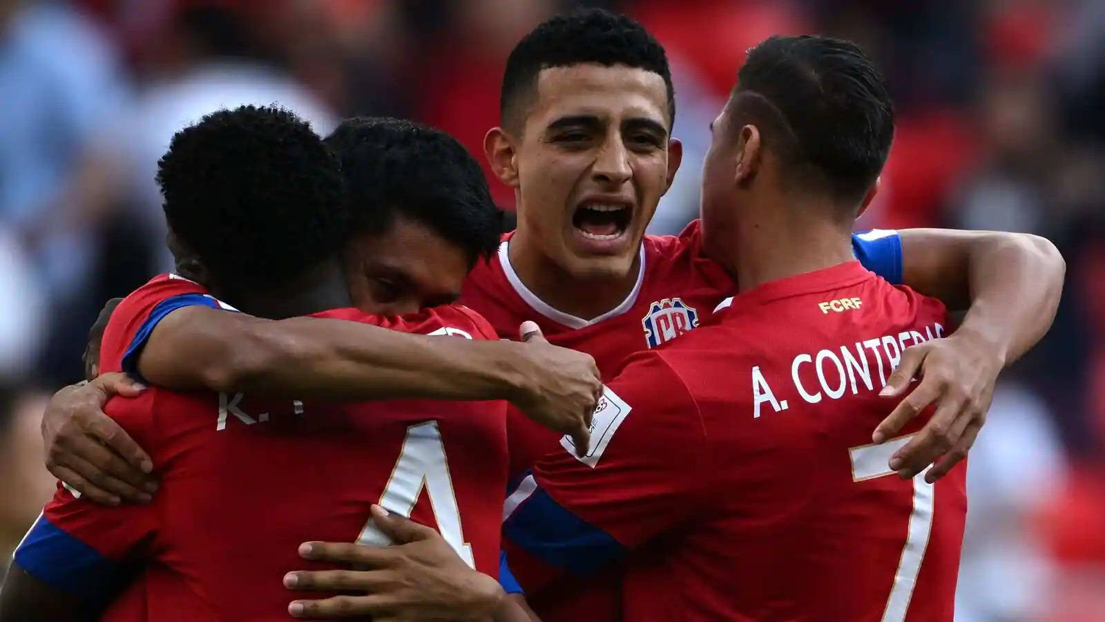 Costa Rica National Football Team, red jerseys, celebrating a goal, HD Desktop Wallpaper