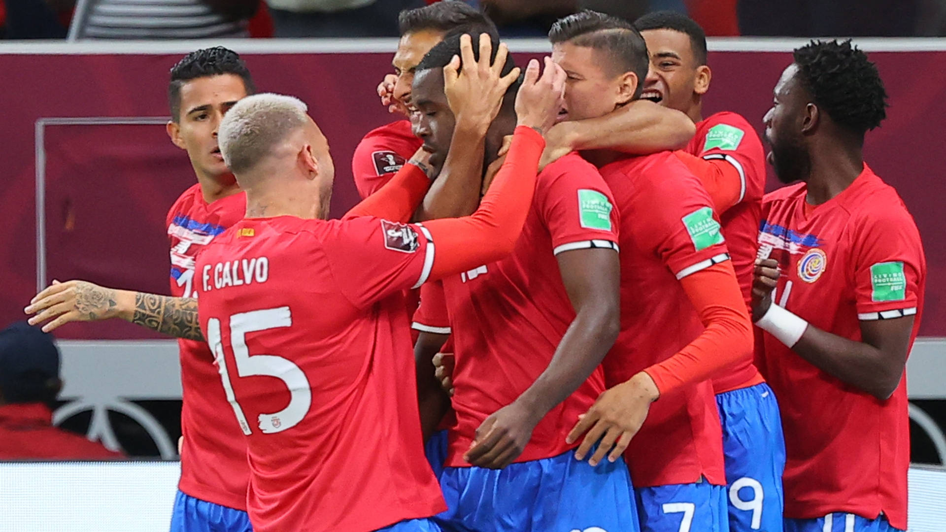 Costa Rica National Football Team, red jerseys, stadium field, Full HD Desktop Wallpaper