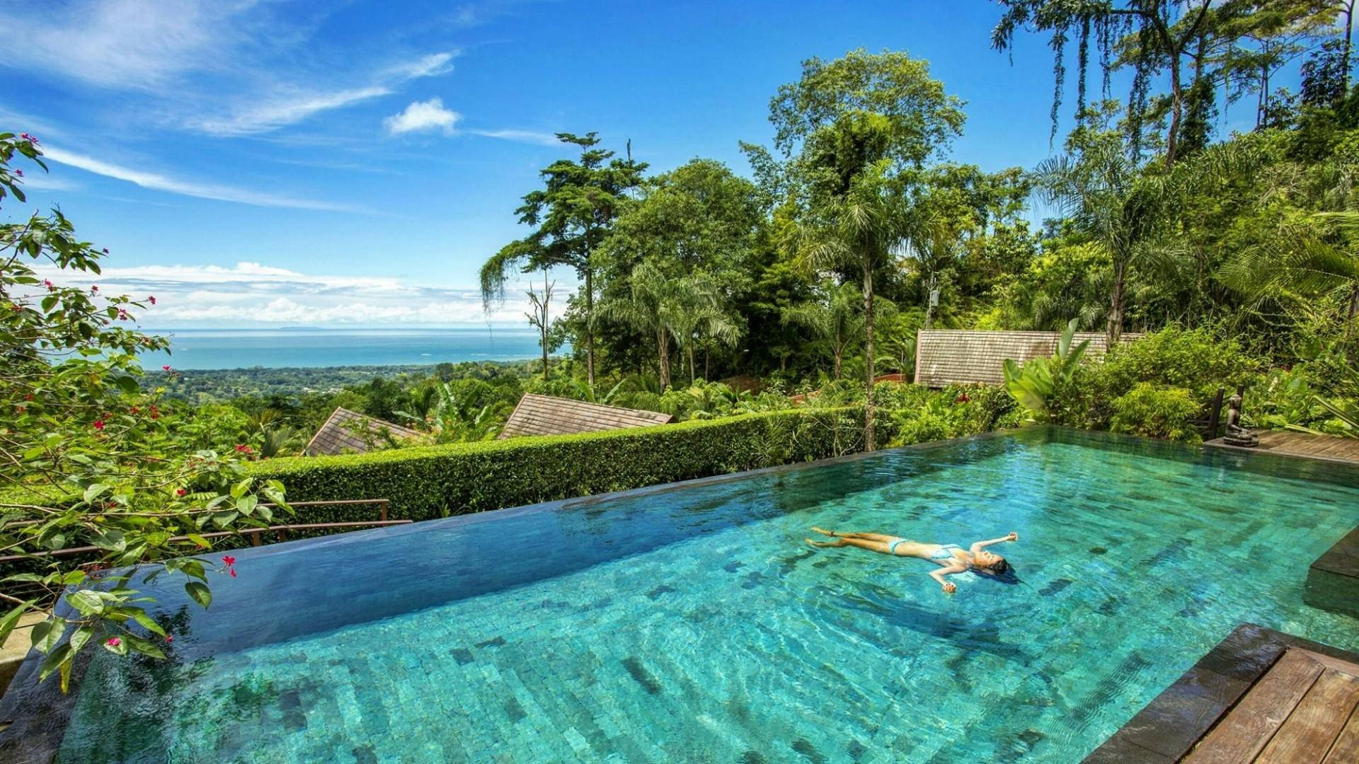 infinity pool, lush jungle, ocean, Full HD Desktop Wallpaper