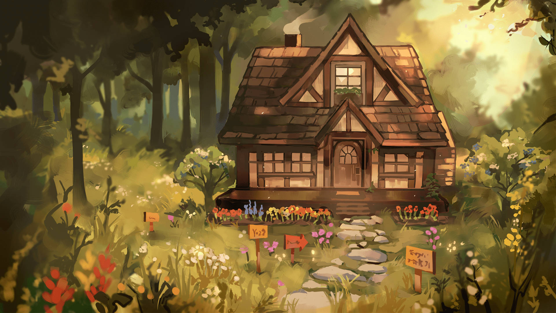 cottagecore house, wooden cottage, sunlit forest, Full HD Desktop Wallpaper