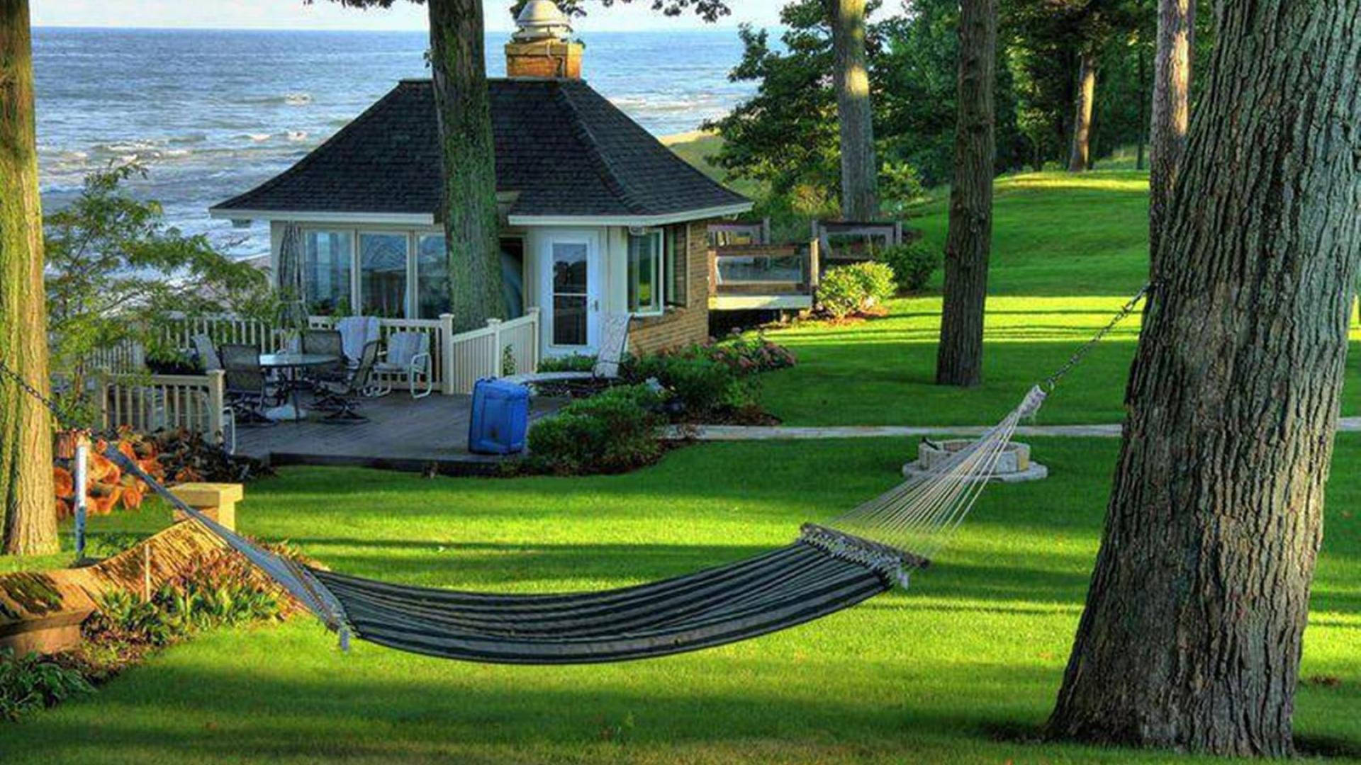 black hammock, sunlit green yard, cozy cottage, Full HD Desktop Wallpaper