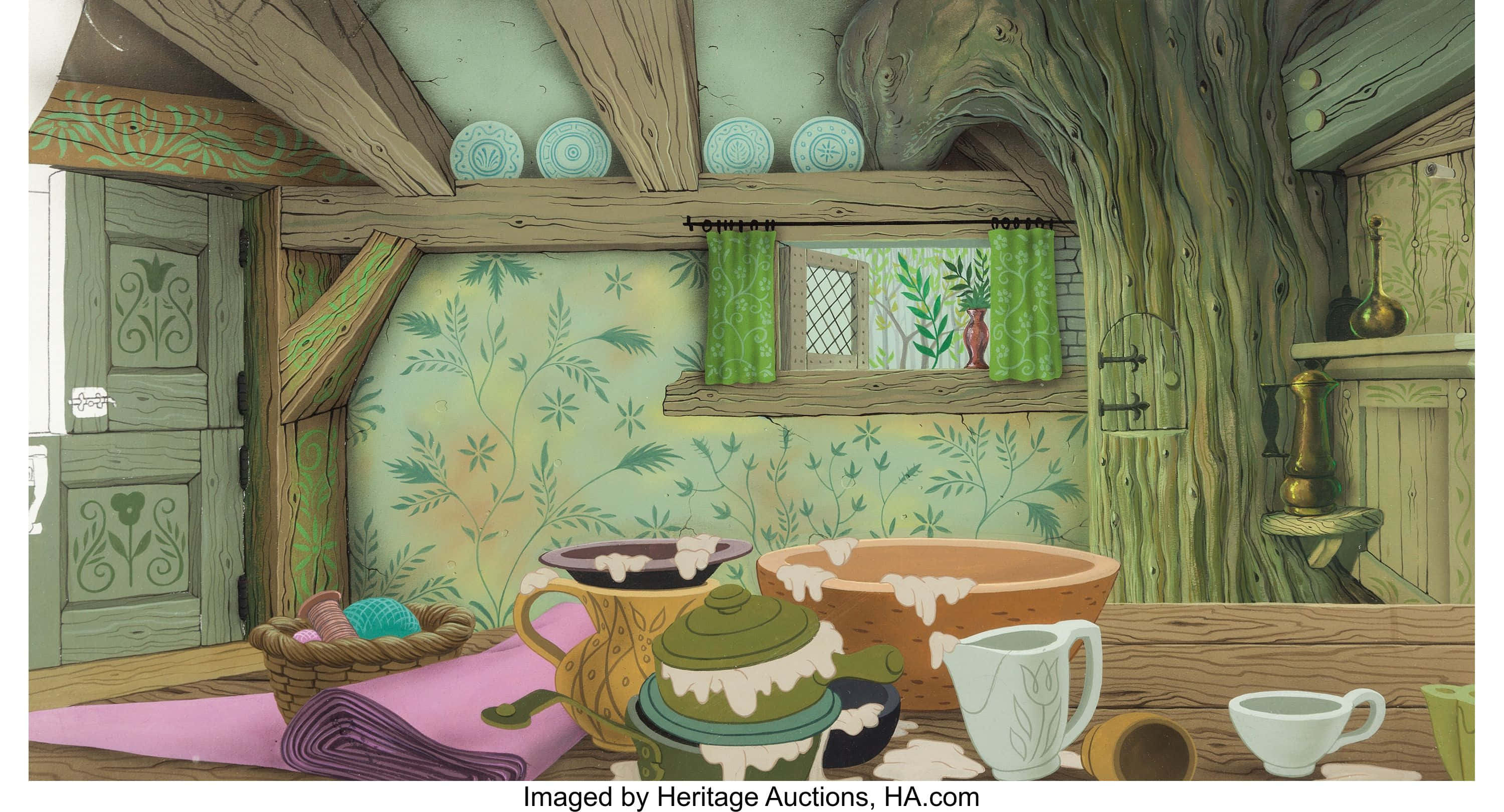 cottage interior, tree, wooden beams, 2K Desktop Wallpaper