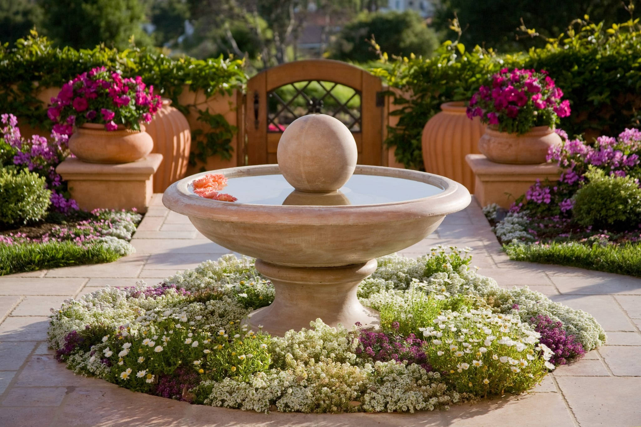 stone fountain, spherical top, sunlit garden, Full HD Desktop Wallpaper