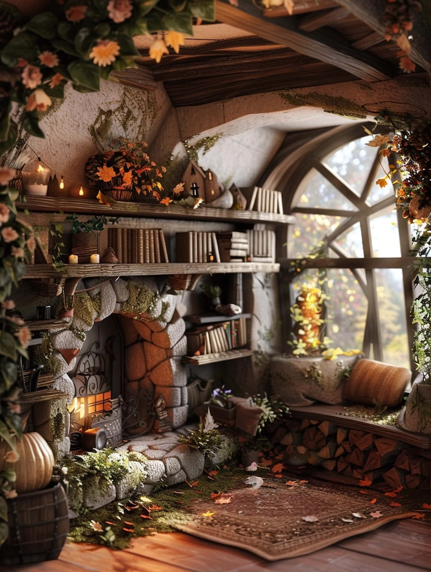 enchanted goblincore cottage interior, stone fireplace nook, autumn leaves, Full HD Phone Wallpaper