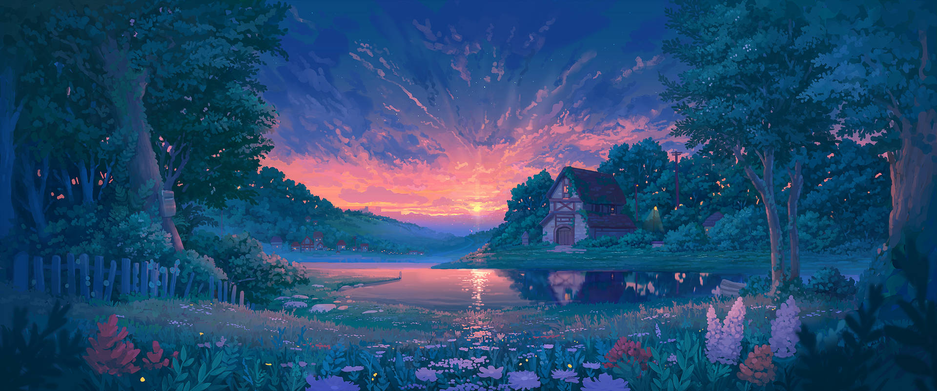 cottage house, twilight, calm lake, Full HD Desktop Wallpaper