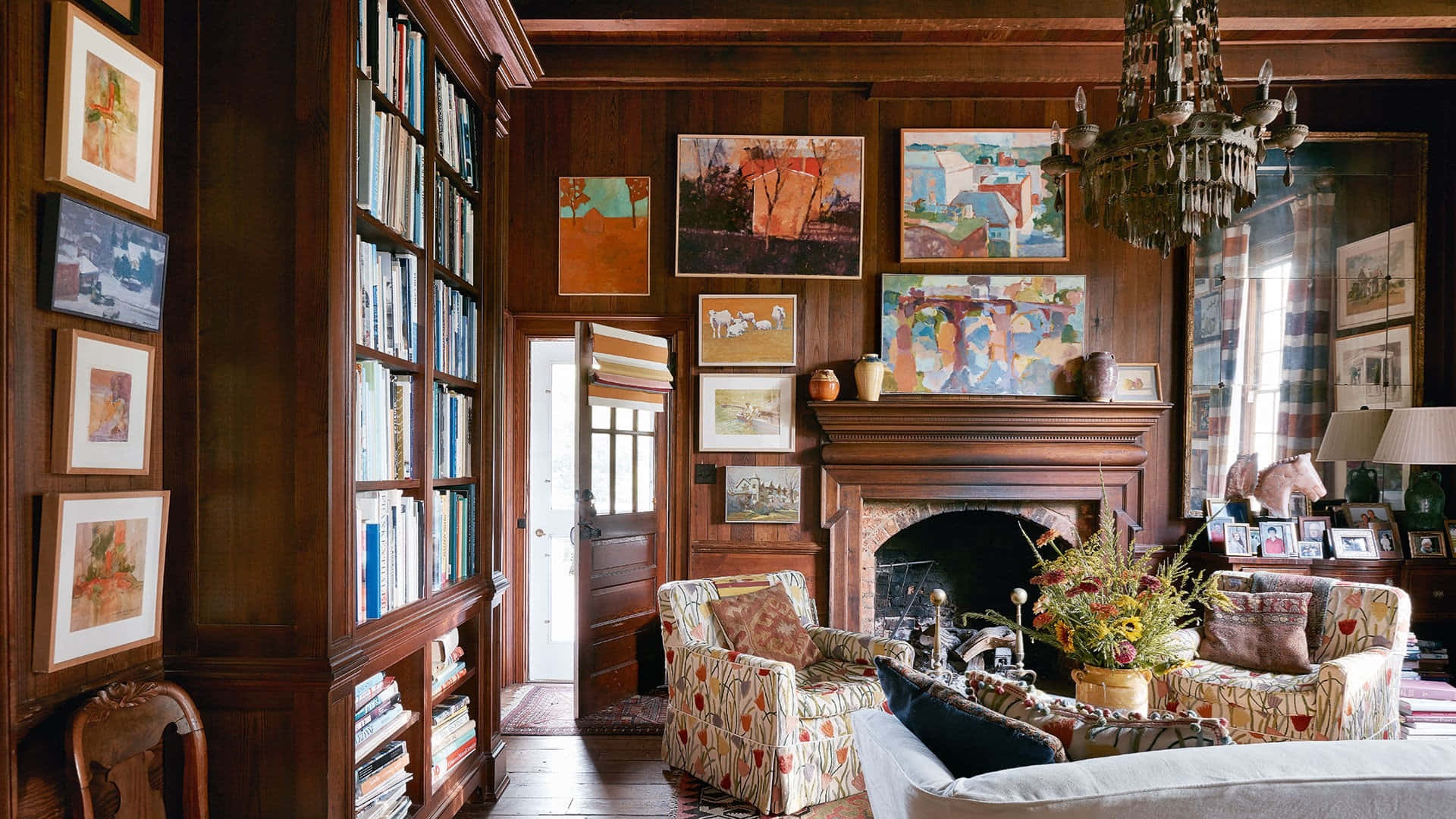 wood-paneled library, bookshelves, fireplace, Full HD Desktop Wallpaper