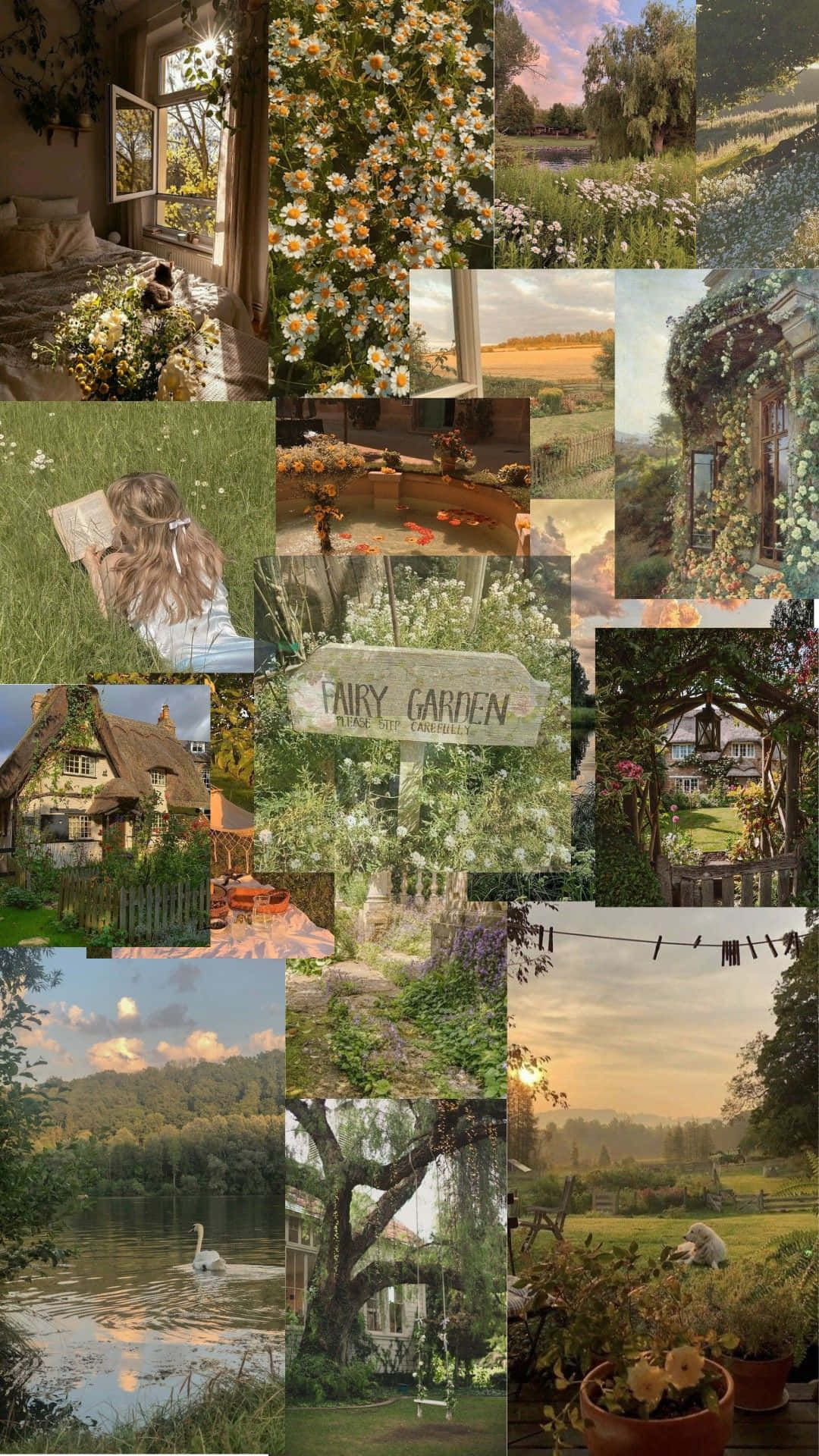 Cottage Core Collage, pastoral scenes, wildflowers, Full HD Phone Wallpaper