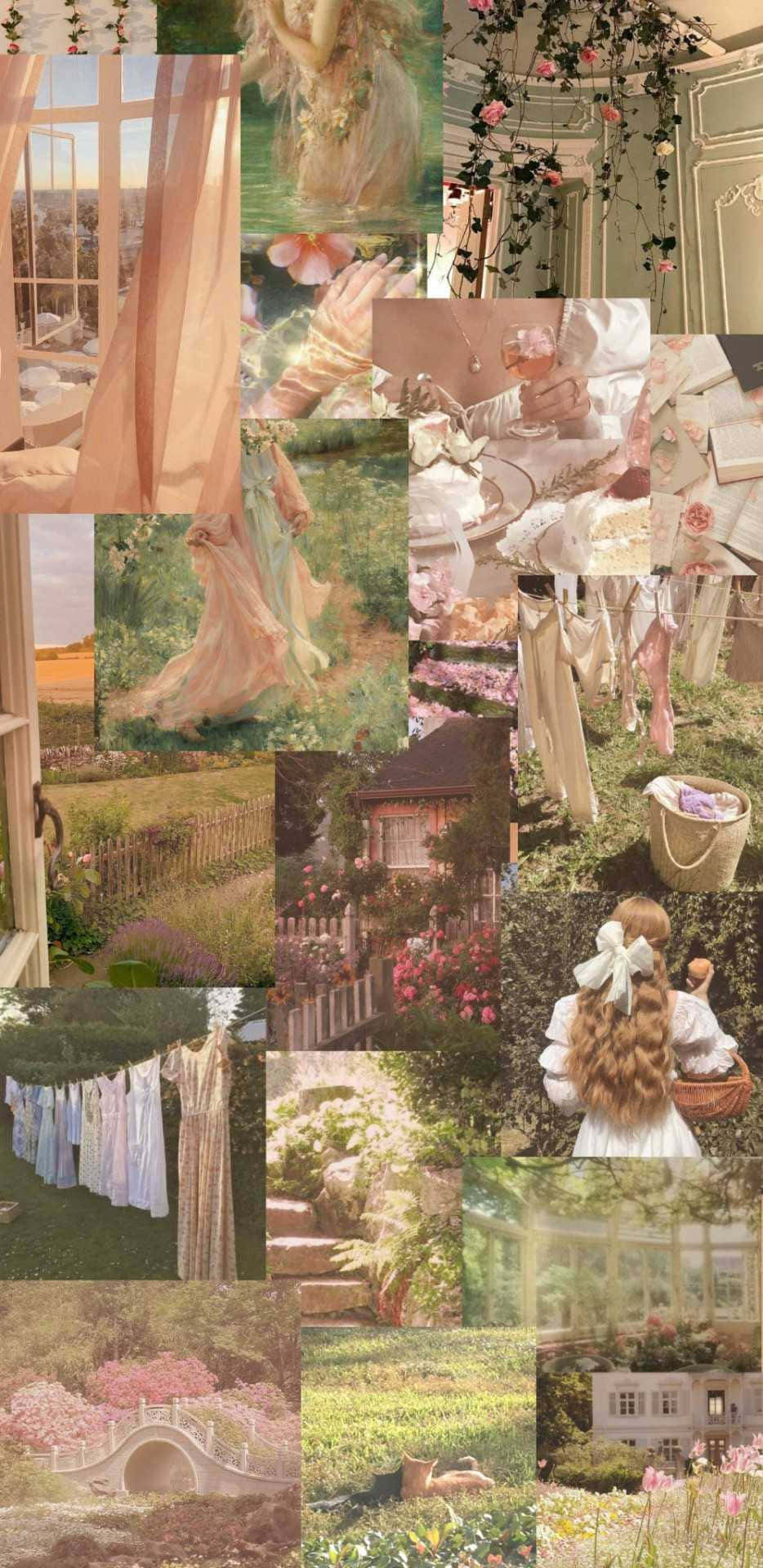 Cottage Core Collage Aesthetic, pastel tones, gardens, Full HD Phone Wallpaper