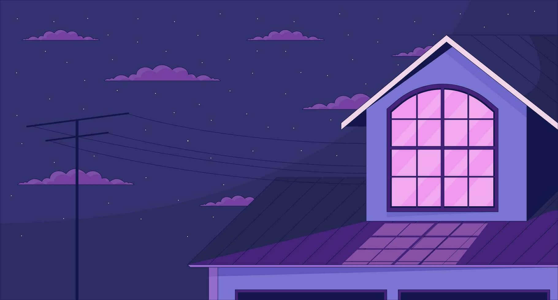 cottage night aesthetic, purple house, glowing arched window, HD Desktop Wallpaper