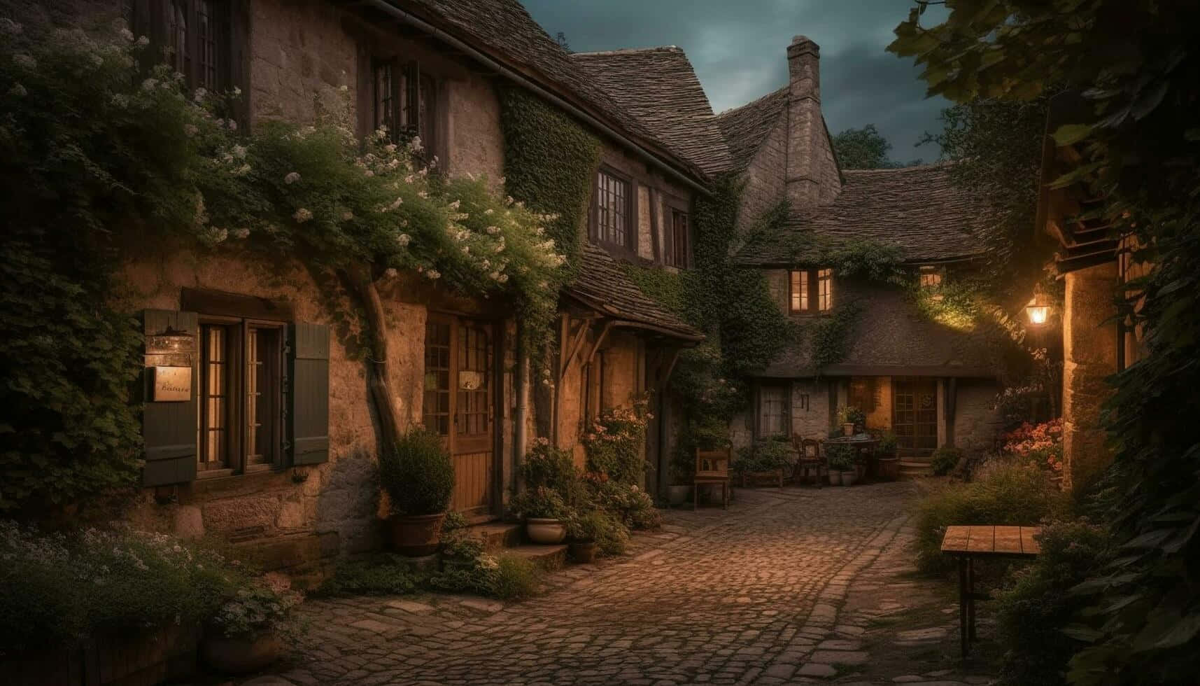 cobblestone alleyway, ivy-covered stone cottages, moody twilight sky, HD Desktop Wallpaper