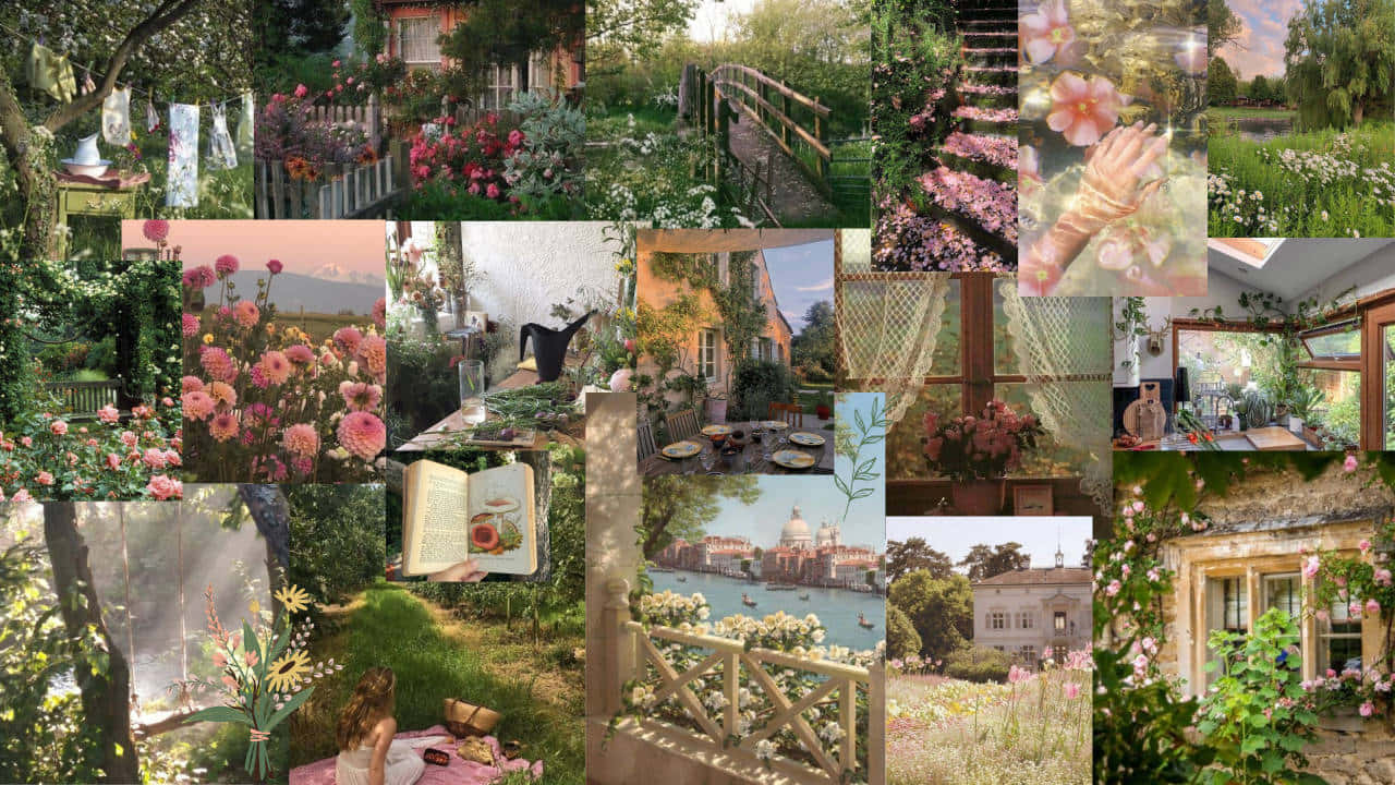 Cottage Core Collage, sunlit gardens, roses, HD Desktop Wallpaper