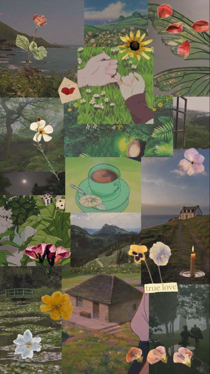 Cottage Core Collage Aesthetic, sunflower, tea cup, SD Phone Wallpaper