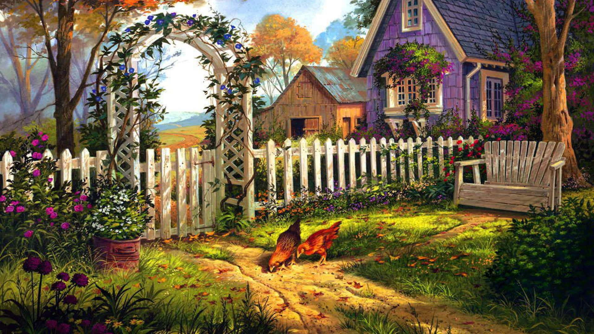 cottage garden, purple cottage, white picket fence, Full HD Desktop Wallpaper