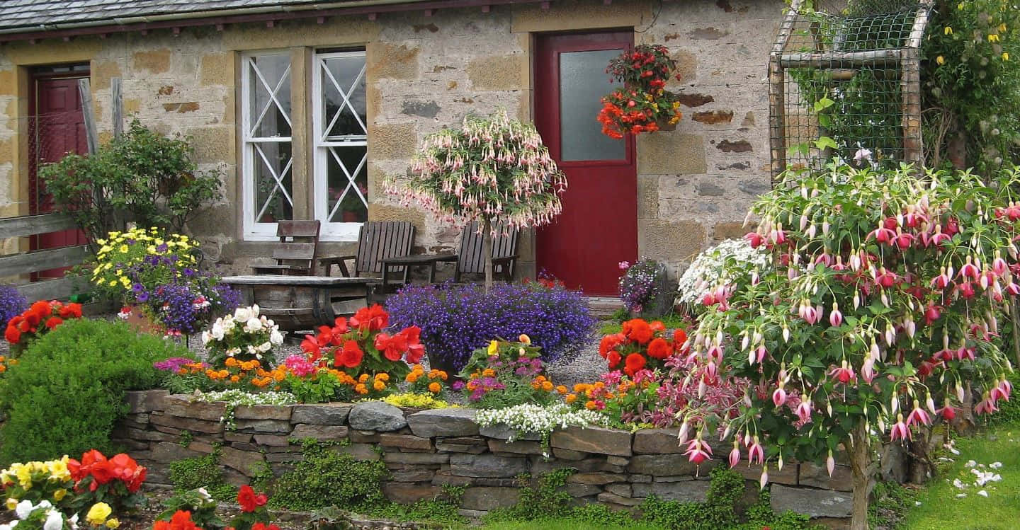 cottage garden, stone cottage, red door, HD Desktop Wallpaper