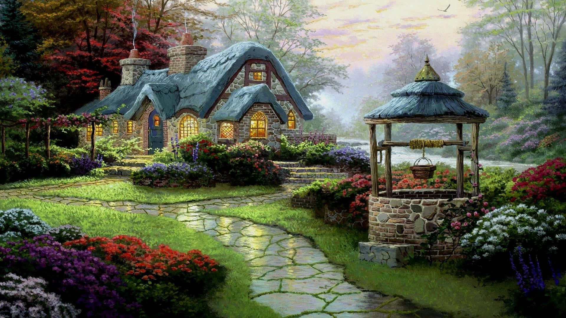 cottage garden, stone cottage, glowing windows, Full HD Desktop Wallpaper