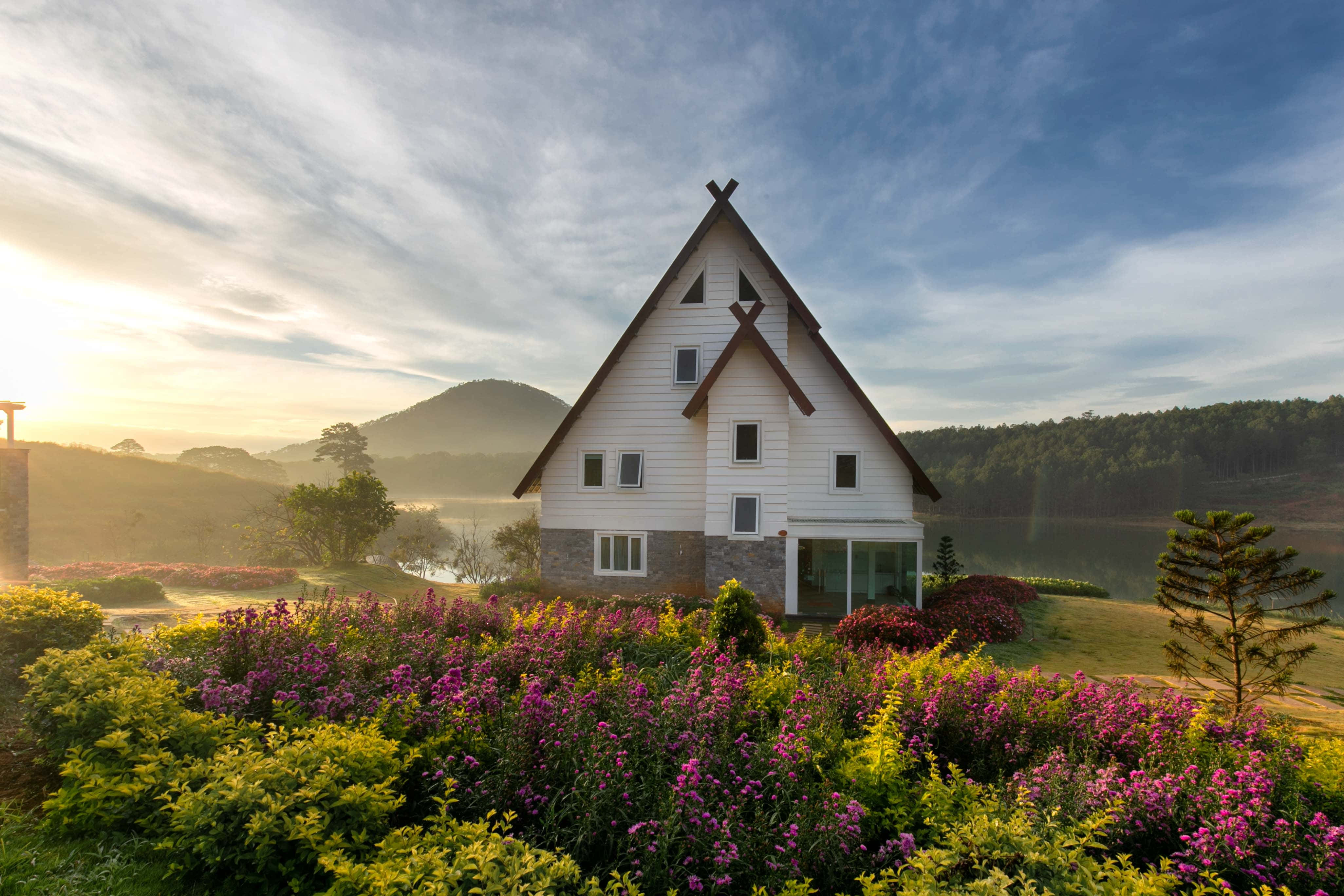 cottage garden, A-frame house, vibrant purple and yellow flowers, 4K Desktop Wallpaper