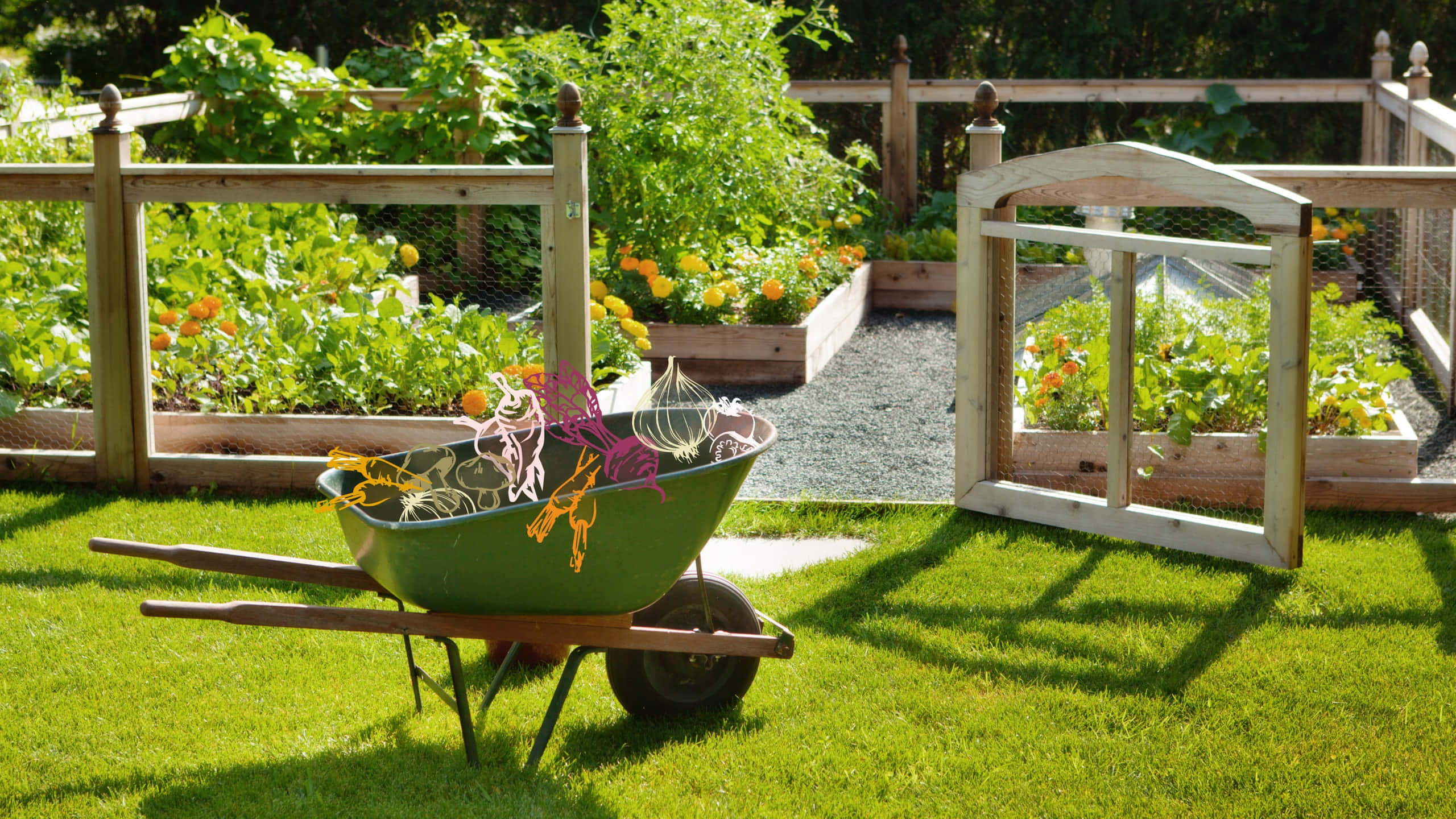 cottage garden, green wheelbarrow, colorful garden tools, 2K Desktop Wallpaper