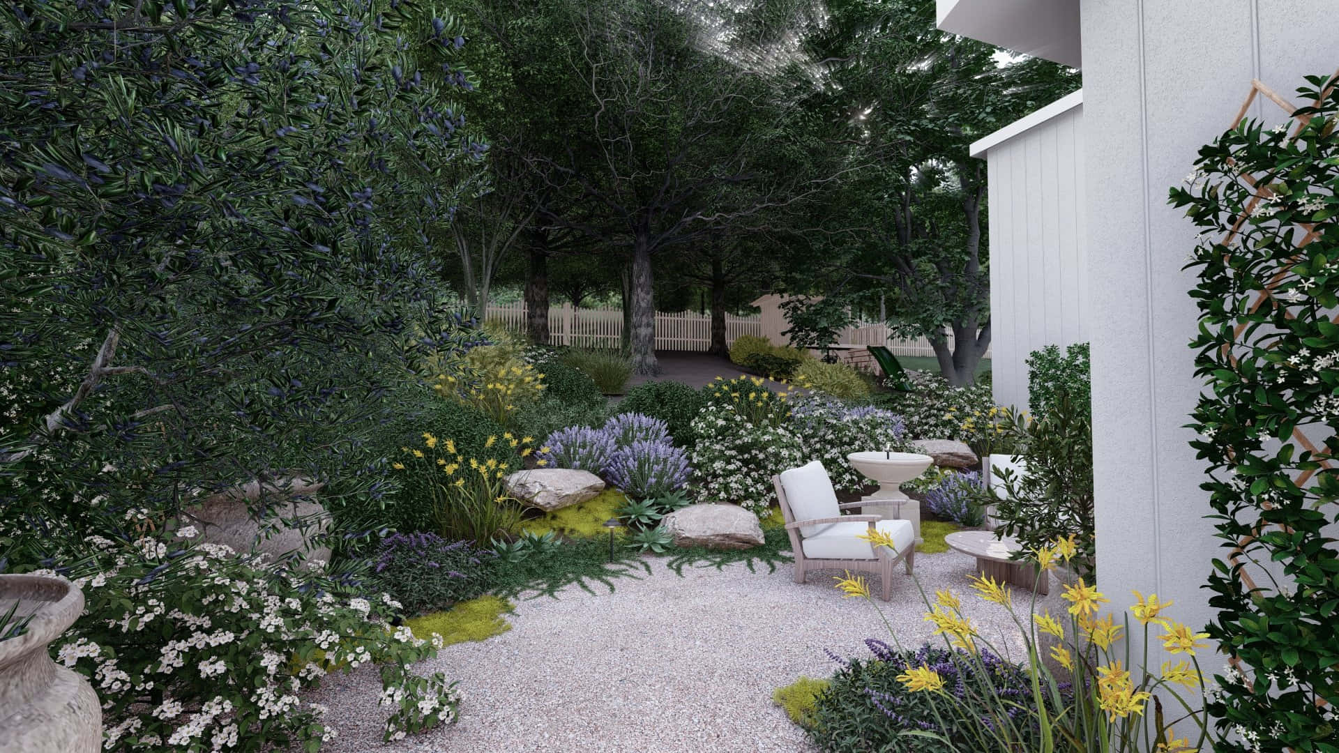 Cottage Garden, white lounge chairs, lush greenery, Full HD Desktop Wallpaper