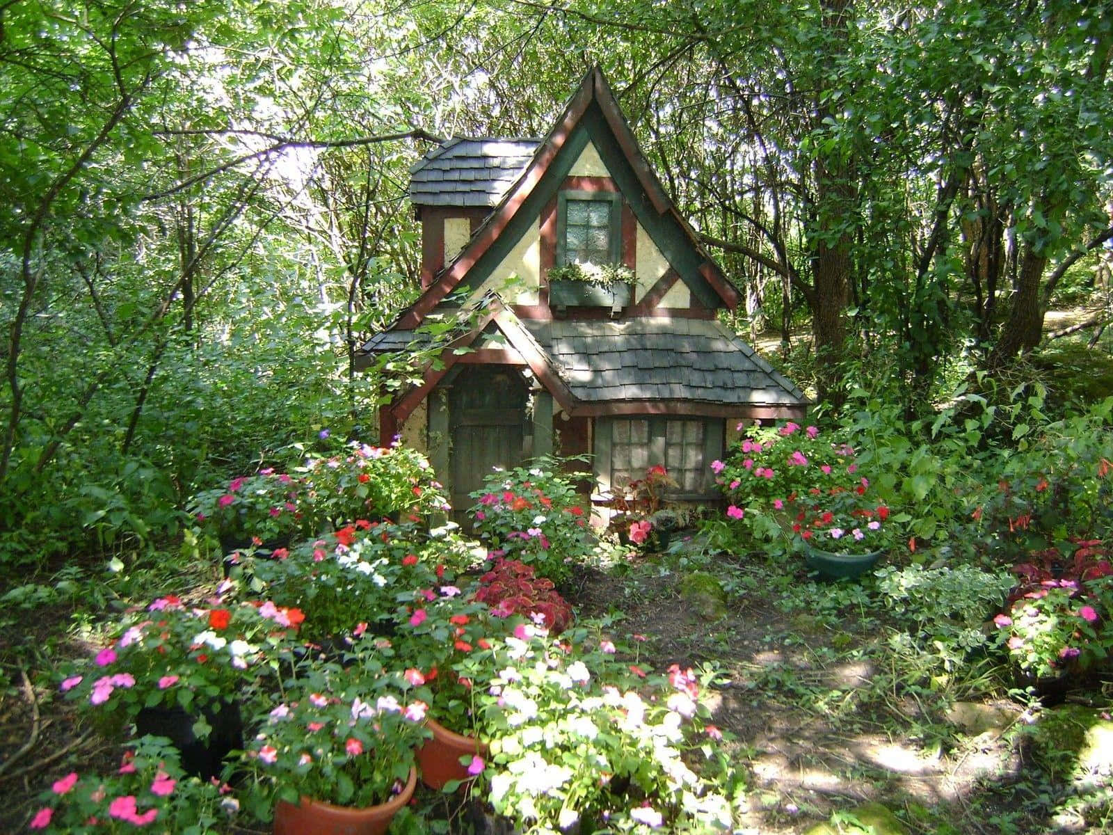 cottage garden, whimsical wooden cottage, sun-dappled forest, HD Desktop Wallpaper