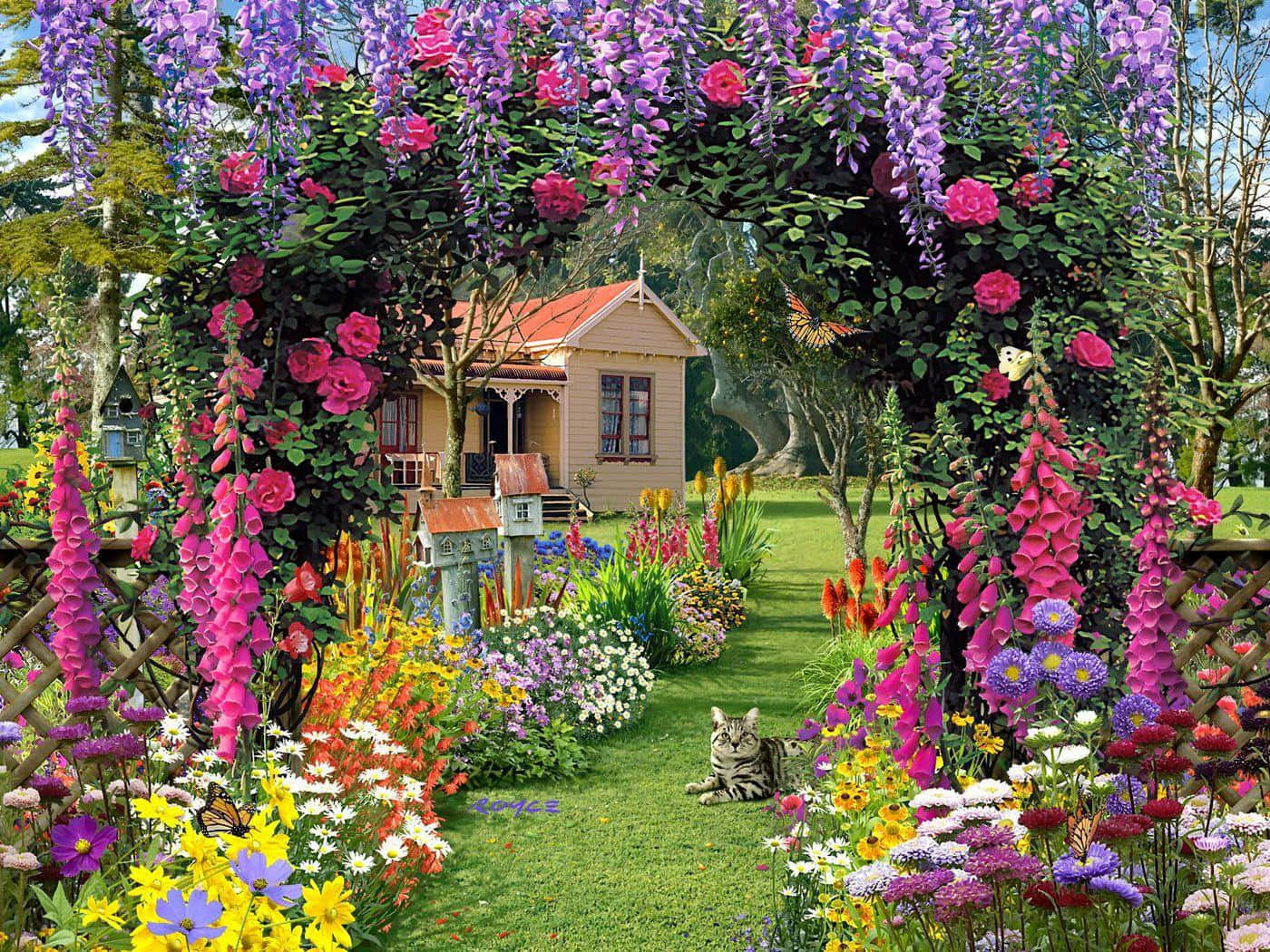 Cottage Garden, purple wisteria, pink roses, HD Desktop Wallpaper