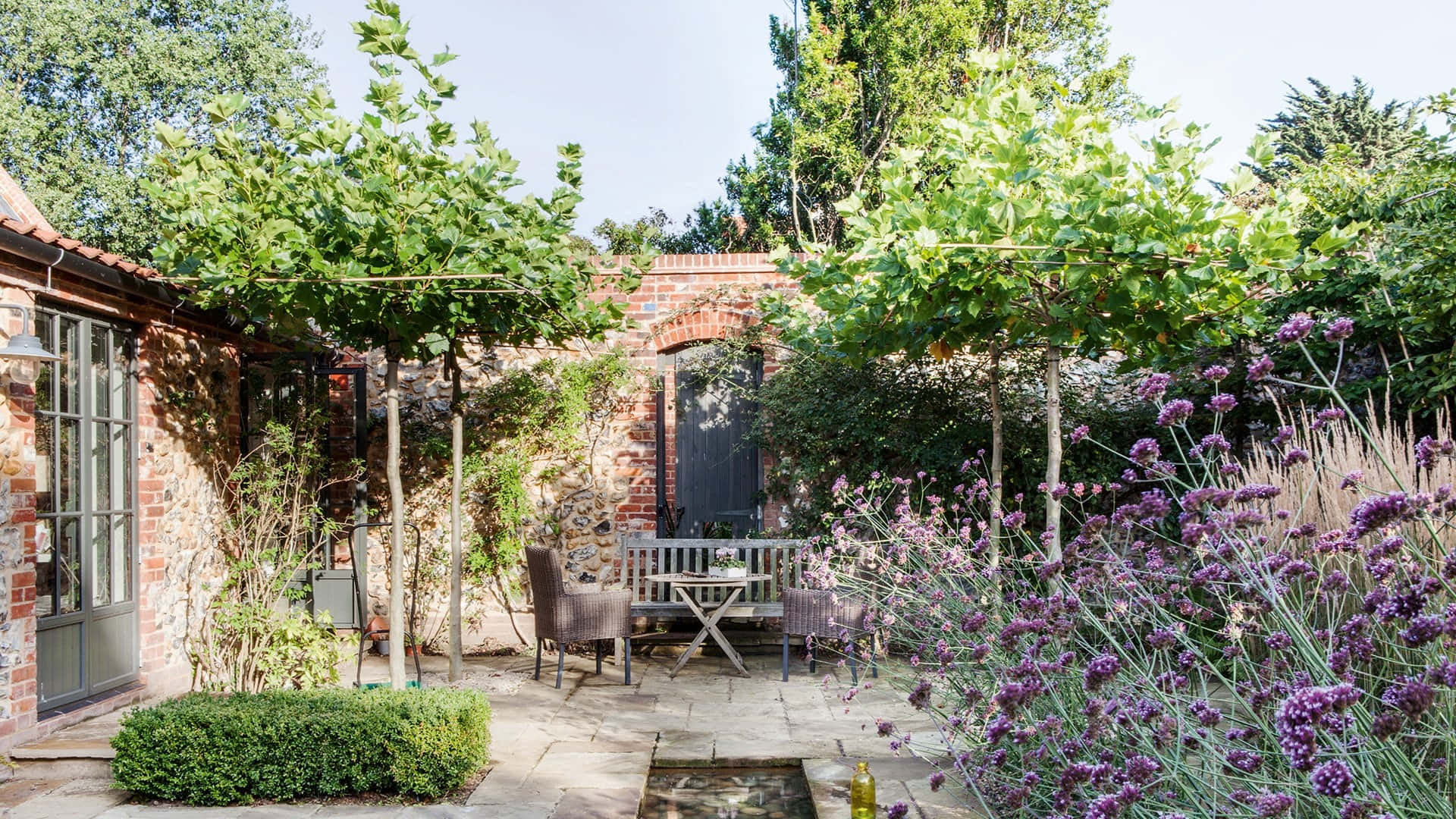 cottage garden, stone courtyard garden, lavender bushes, Full HD Desktop Wallpaper